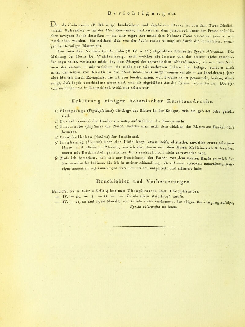 Berichtigungen. 13ie als Viola canina (B, III. n. 5.) besclniebene und abgebildete Pflanze ist von dem Herrn Medici- nalratli Sclirader — in der Flora Germanica, und zwar in dem jetzt noch unter der Presse befindli- chen zwcyten Bande derselben — als eine eigne Art unter dem Nahniesr Viola ericctorum genauer un- terschieden worden. Sie zeichnet sich von der Viola canina vorzüglich durch die schmäleren, weni- ger lierzförmigen Blätter aus. Die unter dem Nahmen Pyrola meclia (B. IV. n 22) abgebildete Pflanze ist pyrola chlorantlia. Die Meinung des Herrn Dr. Wahlenberg, nach welcher die letztere von der erstem nicht verschie- den seyn sollte, verleitete mich, bcy dem Mangel der schwedisdien Abhandlungen, sic mit dem Nah- men der erstem — mit Welcliem sie nicht nur seit mehreren Jahren hier belegt, sondern auch, unter demselben von Kunth in die Flora ’Berolinensis aufgenommen wurde — zu bezeichnen; jetzt aber bin ich durch Exemplare, die icli von beydeu Arten, von Swarz selbst gesammelt, besitze, über- zeugt, dafs beyde verschiedene Arten sind, und die abgebildete Art die Pyrola chlcrantha ist. Die Py- rola meclia IxOtnmC in Deutschland wohl nur selten vor. Erklärung einiger botanischer Kunstausdrücke. 1) Blattgefüge (Phylloplocium') die Lage der Blätter in der Knospe, wie sie gefaltet oder gerollt sind. 2) Buchei {Gibhus) der Hocker am Aste, auf welchem die Knospe steht, 5) Blattnarbe (^Phyllula) die Narbe, welche man nach dem abfallen des Blattes am Buckel (2.) bemerkt. S t a ub k ö 1 b ch en (^Anthera') für Staubbeutel. 5) langhaarig (liirsutm) über eine Linie lange, etwas steife, elastische, zuweilen etwas gebogene Haare; z. B. Hieracium Pilosella, wo ich aber diesen von dem Herrn Medicinalrath Schräder zuerst mit Bestimmtheit gebrauchten Kunstausdruck noch nicht angewendet habe. 6) Mufs ich bemerken, dafs ich zur Bezeichnung der Farben von dem vierten Bande an mich der Kunstausdrücke bediene, die ich in meiner Abhandlung: De coloribus corporum naturalium, prae- cipue anitnalium vegetabiliumque detenninandis etc. aufgestellt und erläutert habe, Druckfehler und Verbesserungen. Band IV. Nr. 7. Seite 2 Zeile 4 lese man Theophrastus statt T h e o p hr as t e s. — IV. — 23. — 2 — 11 — — Pyrola minor statt Pyrola media. — IV. — 21, 22 und 23 ist überall, wo Pyrola media vorko.mmt, der obigen Berichtigung zufolge, Pyrola chlorantlia zu lesen.