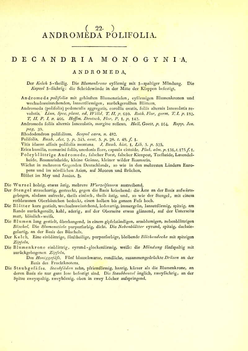 ( 22. ) ANDROMEDA POLIFOLIA. DECANDRIA MONOGYNIA, ANDROMEDA. Yiex Kelch 5-theilig. Die BlumeiiTirone eyförmig mit 5-spalliger Munduug. Die Kapsel 5-fächrig; die Scheidewände in der Mitte der Klappen befestigt. Andromeda polifolia mit gehäuften Blumenstielen, eyförmigen Blumenkronen und wechselsweisstehenden, lanzettförmigen, zurückgerollten Blättern. Andromeda (polifolia) pedunculis aggregatis, corollis ovatis, foliis alternis lanceolatis re- volutis. Li/in, Spec, plant, ed. TKilld. T. II, p. GIO. Roth. Flor. germ. T.I. p. 1S2. T. II. P. I. V. 466. Hoffrn. Deutsch. Flor. P. 1. p. 14'2. Andromeda foliis alternis lanceolatis, margine reflexo. Hall. Goett. p. 164. Rj‘pp- Jen. png. 39. Rhododendron polifolium. Scopol carn. n. 482. Polifolia. Buxb. Act. 2. p. 345. cent. 5. p. 28. A 49. f. 1. Vitis idaeae affinis polifolia montana. I. Bauh. hist. 1. Lib. 5. p. 525, Erica humilis, rosmarini foliis, unedonis flore, capsula cistoide. Pink. ahn. p. 136. A ilS.f. 1. Poleyblättrige Andromede, falscher Porst, falscher Kienpost, Torfheide, Lavendel- heide, Rosmarinheide, kleine Gränze, kleiner wilder Rosmarin. Wächst in mehreren Gegenden Deutschlands, so wie in den mehresten Ländern Euro- pens und im nördlichen Asien, auf Mooren und Brüchen. Blühet im May und Junius. t?- Die Wurzel holzig, etwas ästig, mehrere VFurzelfasern austreibend. Der Stengel strauchartig, gestreckt, gegen die Basis kriechend: die Aste an der Basis aufwärts- gebogen, alsdann aufrecht, theils einfach, theils ästig, und, so wie der Stengel, mit einem rothbraunen Oberhäutchen bedeckt, einen halben bis ganzen Fufs hoch. Die Blätter kurz gestielt, wechselsweisstehend, lederartig, immergrün, lanzettförmig, spitzig, am Rande zurückgerollt, kahl, aderig, auf der Oberseite etwas glänzend, auf der Unterseite matt, bläulich-weifs. Die Blumen lang gestielt, überhangend, in einem gipfelständigen, armblumigen, nebenblättrigen Büschel. Die Blumenstiele purpurfarbig, dicht. Die Nebenblätter eyrund, spitzig, dachzie- gelartig, an der Basis des Büschels. Der Kelch. Eine einblättrige, fünftheilige, purpurfarbige, bleibende mit spitzigen Zipjeln. Die Blumenkrone einblättrig, eyrund-glockenförmig, weifs: die Mündimg fünfspaltig mit zurückgebogenen Zipfeln. Das Honiggejäfs. Fünf blauschwarze, rundliche, zusammengedrückte an der Basis des Fruchtknotens. Die Staubgefä fse. Staubfäden zehn, pfriemförmig, haarig, kürzer als die Blumenkrone, an deren Basis sie nur ganz lose befestigt sind. Die Staubbeutel änglich, zweyfächrig, an der Spitze zwejrspaltig, zweyhörnig, oben in zwey Löcher aufspringend.