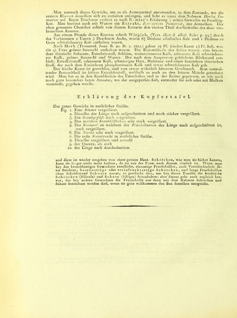 erstem Blumen desselben sich zu entfalten anfangen, und liebt es unter dem Nahmen Herba Fn- marice auf. Beym Trocknen verliert es nacli Remler’s Erfahrung } seines Gewichts an Feuchtig- keit. Man bereitet auch mit Wasser ein Extrakt, Extractum Fumarice, aus demselben. Der eben genannte Chemiker erhielt von diesem Extracte den vierten Theil des Gewichts des dazu ver- brauchten Krautes. Aus einem Pfunde dieses Krautes erhielt Wie'gleb, (Vers, über d. alkal. Salze p. 04.) durch das Verbrennen 2 Unzen 5 Drachmen Asche, worin 6} Dralmie alkalisches Salz und 1 Drahme 10 Gran schwefelsaures Kali enthalten waren. Nach Merk (Trommsd. Jour. B. 20. St. 2. ign.) gaben ig Pf. frisches Kraut 13 Ff. Saft, wo- rin 41 Unze grünes Satzmehl enthalten waren. Die Bestandtlieile des Saftes waren: eine beson- dere thierische Substanz, Extraktivstoff, Schleim, weinsteinsaurer Kalk, salzsaures Kali schwefelsau- rer Kalk, grünes Salzmehl und Wasser. Der nach dem Auspressen gebliebene Rückstand ent- hielt: Extraktivstoff, salzsauern Kalk, schmieriges Harz, Holzfaser und einen besondern thierischen Stoff, der nach dem Einäschern phosphorsauern Kalk und etwas schwefelsaures Kali gab. Das frische Kraut ist geruchlos, und von etwas widerlich bitterem Geschmack. Sein vorwal- tender Bestandtheil ist bittrer Extraktivstoff, wefshalb es auch zu den bittern Mitteln gerechnet wird. Man hat es in den Krankheiten des Unterleibes und in der Krätze gepriesen, so wie auch noch ganz besonders beym Aussatze, wo der ausgeprefste Saft, entweder für sich oder mit Molken vermischt, gegeben wurde. Erklärung der Kupfertafel. Das ganze Gewächs in natürlicher Gröfse. fug. 1. Eine Blume vergröbert. 2. Dieselbe der Länge nach aufgeschnitten und noch stärker vergröbert. 5. Ein Staubgefäß stark vergröbert. 4. Das mittlere Staubkölbchen sehr stark vergröbert. 5- Der Stempel an welchem der Fruchtknoten der Länge nach aufgeschnitten ist, stark vergröbert. 6. Die Narbe sehr stark vergröbert. 7. Die reife Steinfrucht in natürlicher Gröfse. g. Dieselbe vergröbert und sowohl g. der Queere, als auch 10. der Länge nach durchschnitten. und diese ist wieder umgeben von einer grünen Haut. S ch ötchen, wie man sie bisher kannte, kann sie la-ger nicht mehr heifsen, da sie nur der Form nach diesem ähnlich ist. Wenn man. hey den kreuzblumigen Gewachsen rundliche, einsamige Fruchthüllen , nach Verschiedenheit ih- rer Struktur, beerenartige oder s t ein'fruch t artige Schötchen, und lange Fruchthüllen ohne Scheidewand Schoten nennt, so geschieht dies, um bey dieser Familie die Ausdrücke Schötchen (Silicula) und Schote (Siliqua) festzuhalten; aber daraus geht auch zugleich her- vor, das bey andern Gewächsen die Frucluhülle nur daun mit dem Nahmen Schötclien und Schote bezeichnet werden darf, wenn sie ganz vollkommen den Bau derselben entspricht.