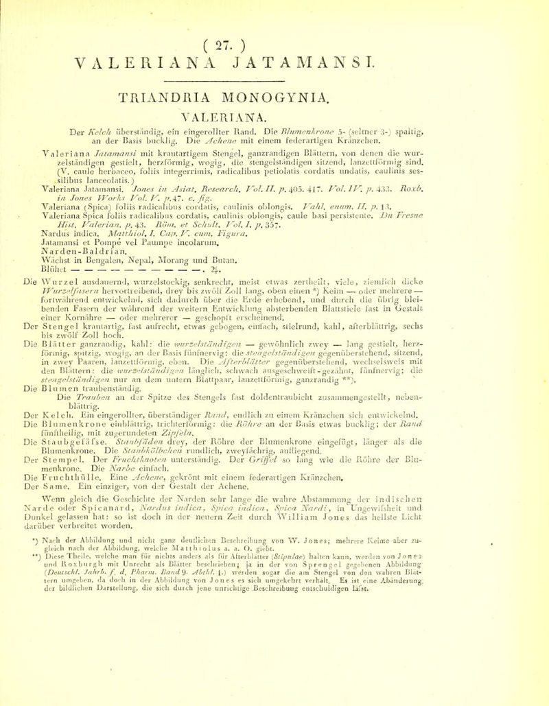 ( 27. ) VALERIANA JÄTAM A N S I. TRIANDRIA MONOGYNIA. VALERIANA. Der Kelch überständig, ein eingerollter Rand. Die Blumenkrone 5- (seltner 3-) spaltig, an der Basis bucklig. Die Achene mit einem federartigen Kränzchen. Valeriana Jatamansi mit krautartigem Stengel, ganzrandigen Blättern, von denen die wur- zelständigen gestielt, herzförmig, wogig, die stengelständigen sitzend, lanzettförmig sind. (V. caule herbaceo, foliis integerrimis, radicalibus petiolatis cordatis undatis, caulinis ses- .silibus lanceolatis.) Valeriana Jatamansi. Jones in Asiat. Research. Kol AI. p, 405. 417. Kol AK. p. 433. Roxb. in Jones Works Kol. K. p. 47. c. fig. Valeriana (Spica) foliis radicalibus cordatis, caulinis oblongis. Kahl. enam. II. p. 13. Valeriana Spica foliis radicalibus cordatis, caulinis oblongis, caule basi persistente. l)u Fresne Hist. Kalerian. p. 43. Rom. et Schult. Kol. I. p. 357. Nardus indica. Matthiol. I. Cap. K. cum. Figura. Jatamansi et Pompe vel Paumpe incolarum» Narden - Baldrian. Wächst in Bengalen, Nepal, Morang und Butan. Blühet — — — — — —. Z(.. Die Wurzel ausdauernd, wurzelstockig, senkrecht, meist etwas zertheilt, viele, ziemlich dicke Wurzelfasern hervortreibend, drey bis zwölf Zoll lang, oben einen*) Keim —. oder mehrere — fortwährend entwickelnd, sich dadurch über die Erde erhebend, und durch die übrig blei- benden Fasern der während der weitern Entwicklung absterbenden Blattstiele fast in Gestalt einer Kornähre — oder mehrerer — geschöpft erscheinend. Der Stengel krautartig, fast aufrecht, etwas gebogen, einfach, stielrund, kahl, afterblättrig, sechs bis zwölf Zoll hoch. Die Blätter ganzrandig, kahl: die wurzelständigen — gewöhnlich zwey — lang gestielt, herz- förmig, spitzig, wogig, an der Basis fünfnervig; die stengelständigen gegenüberstehend, sitzend, in zwey Paaren, lanzettförmig, eben. Die Afterblätter gegenüberstehend, wechselsweis mit den Blättern: die wurzelständigen länglich, schwach ausgeschweift-gezähnt, fünfnervig; die stetigelständigen nur an dem untern Biattpaar, lanzettförmig, ganzrandig **). Die Blumen traubenständig. Die Trauben an der Spitze des Stendels fast doldeniraubieht zusammengestellt, neben- blättrig. Der Kelch. Ein eingerollter, überständiger Rand, endlich zu einem Kränzchen sich entwickelnd. Die Blumenkrone einblättrig, trichterförmig: die Röhre an der Basis etwas bucklig; der Rand fünftheilig, mit zugerundeten Zipfeln. Die S taub gef äfs e. Staubfäden drey, der Röhre der Blumenkrone eingefügt, länger als die Blumenkrone. Die Staubkölbchen rundlich, zweyfächrig, aufliegend. Der Stempel. Der Fruchtknoten unterständig. Der Griffel so lang wie die Röhre der Blu- menkrone. Die Narbe einfach. Die Fruchthülle. Eine Achene, gekrönt mit einem federartigen Kränzchen, Der Same. Ein einziger, von der Gestalt der Achene. Wenn gleich die Geschichte der Narden sehr lange die wahre Abstammung der indischen Narde oder Spicanard, Nardus indica, Spica indica, Spica Nardi, in Ungewifsheit und Dunkel gelassen hat: so ist doch in der neuern Zeit durch William Jones das hellste Licht darüber verbreitet worden. *) Nach der Abbildung und nicht ganz deutlichen Beschreibung von W. Jones; mehrere Keime aber zu- gleich nach der Abbildung, welche Matthiolus a. a. O. giebr. *’') Diese Theile, welche man für nichts anders als für Afterblätter (Stipulae) halten kann, werden von Jones und Roxburgh mit Unrecht als Blätter beschrieben; ja in der von Sprengel gegebenen Abbildung (Deutschl. Jahr Ft. f. d. Pharm. BandQ. Abthl. f.) werden sogar die am Stengel von den wahren Blät- tern umgeben, da doch in der Abbildung von Jones es sich umgekehrt verhält. Es ist eine Abänderung der bildlichen Darstellung, die sich durch jene unrichtige Beschreibung entschuldigen läfst.