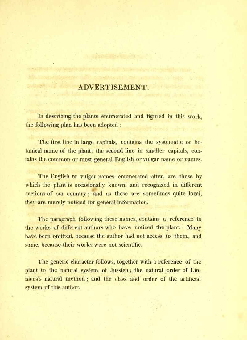 ADVERTISEMENT. In describing the plants enumerated and figured in this work, the following plan has been adopted : The first line in large capitals, contains the systematic or bo- tanical name of the plant; the second line in smaller capitals, con- tains the common or most general English or vulgai’ name or names. The English or vulgar names enumerated after, are those by which the plant is occasionally known, and recognized in different sections of our country; and as these are sometimes quite local, they are merely noticed for general information. The paragraph following these names, contains a reference to the works of different authors who have noticed the plant. Many have been omitted, because the author had not access to them, and some, because their works were not scientific. The generic character follows, together with a reference of the plant to the natural system of Jussieu; the natural order of Lin- neeus’s natural method j and the class and order of the artificial system of this author.