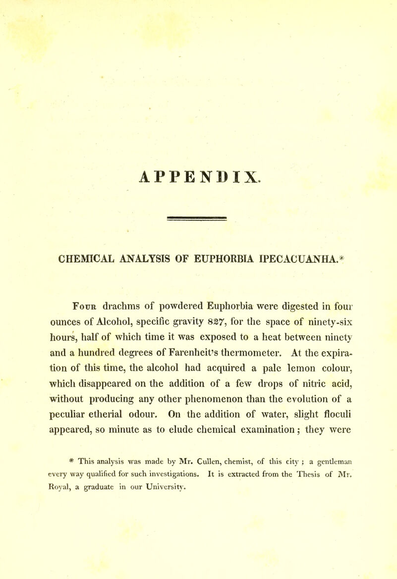 APPENDIX. CHEMICAL ANALYSIS OF EUPHORBIA IPECACUANHA * Four drachms of powdered Euphorbia were digested in four ounces of Alcohol, specific gravity 827, for the space of ninety-six hours, half of which time it was exposed to a heat between ninety and a hundred degrees of Farenheit’s thermometer. At the expira- tion of this time, the alcohol had acquired a pale lemon colour, which disappeared on the addition of a few drops of nitric acid, without producing any other phenomenon than the evolution of a peculiar etherial odour. On the addition of water, slight floculi appeared, so minute as to elude chemical examination; they were * This analysis was made by Mr. Cullen, chemist, of this city ; a gentleman every way qualified for such investigations. It is extracted from the Thesis of Mr. Royal, a graduate in our University.