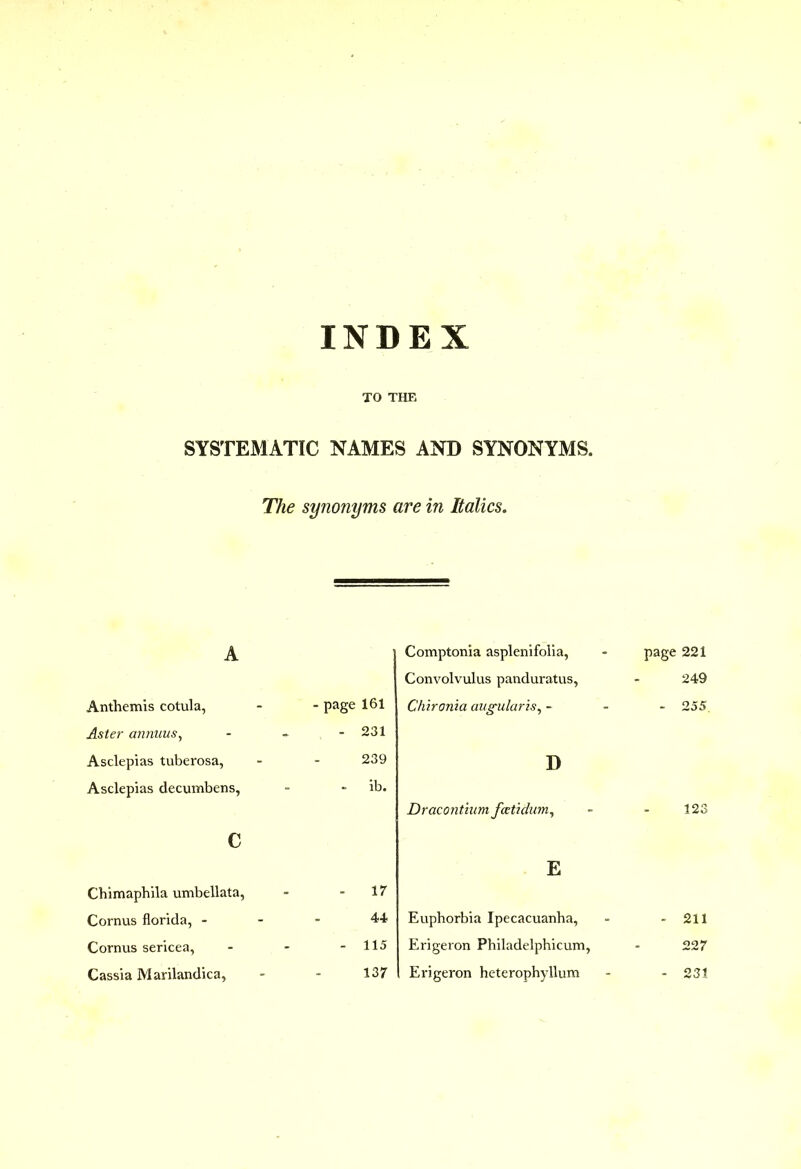 TO THE SYSTEMATIC NAMES AND SYNONYMS. The synonyms are in Italics. A Anthemis cotula, Aster annuus, Asclepias tuberosa, Asclepias decumbens, c Chimapbila umbellata, Cornus florida, - Cornus sericea, Cassia Marilandica, - page 161 - 231 239 - ib. Comptonia asplenifolia, Convolvulus panduratus, Chirania augularis^ - D Dracontium fcetidum^ 17 44 115 137 E Euphorbia Ipecacuanha, Erigeron Philadelphicum, Erigeron heterophyllum page 221 249 - 255, 123 - 211 227 - 231