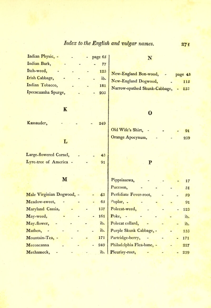 Indian Physic, - . - page 65 Indian Bark, - - -77 Itch-weed, ... 123 Irish Cabbage, - - - ib. Indian Tobacco, . . 181 Ipecacuanha Spurge, . - 203 K Kassauder, - . > 249 L Large.flowered Cornel, » ,43 Lyre-tree of America - - 91 M Male Virginian Dogwood, - - 43 Meadow-sweet, - - - 65 Maryland Cassia, - - 137 May-weed, - - - 161 May-flower, - - - ib. Mathen, - - - . ib. Mountain-Tea, - - - 171 Mecoacanna . 249 Mechameck, - - - ib. N New-England Box-wood, - page 43 New-England Dogwood, , 115 Narrow-spathed Skunk-Cabbage, - 133 o Old Wife’s Shirt, - - - 91 Orange Apocynum, - - 239 P Pippsissewa, - - - 17 Puccoon, - - - 31 Perfoliate Fever-root, - ,59 Poplar, - - - - 91 Polecat-weed, . - - 123 Poke, - - - - ib. Polecat collard, , , _ if,. Purple Skunk Cabbage, - - 133 Partridge-berry, - - - 171 Philadelphia Flea-bane, - - 227 Pleurisy-root, . , , 239