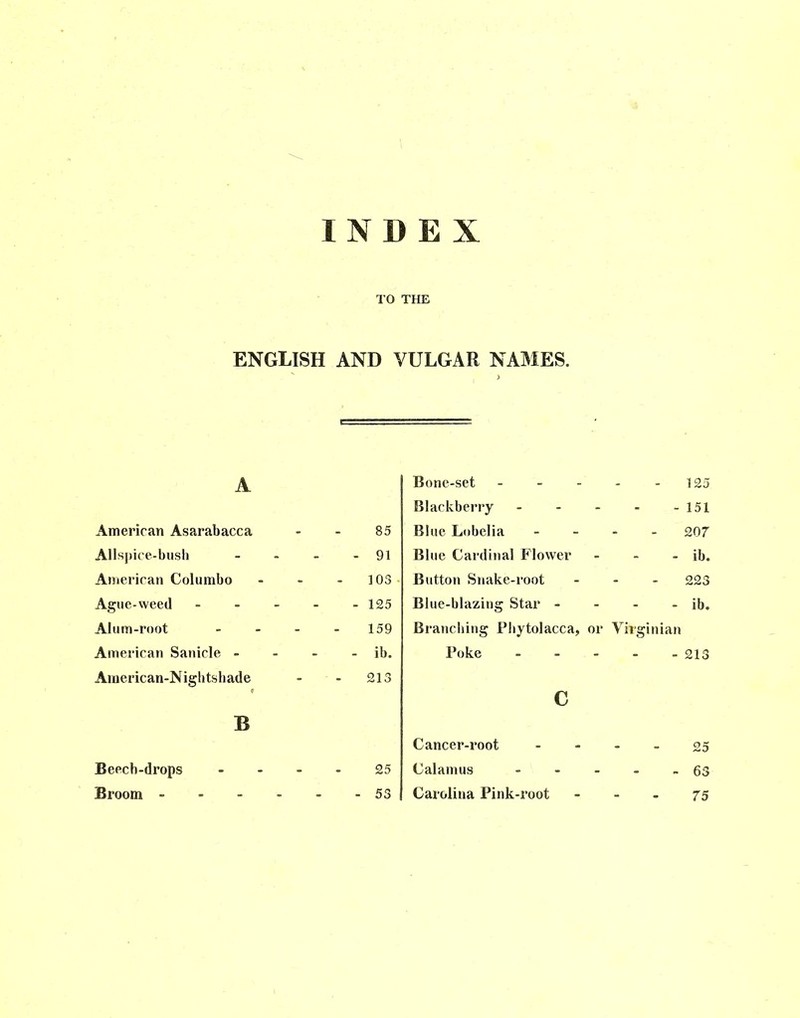 TO THE ENGLISH AND VULGAR NAMES. A American Asarabacca - - 85 Allspice-bush - - - - 91 American Columbo - - - 103 Ague-weed 125 Alum-root - - - 159 American Sanicle - - - - ib. American-Nightshade - - 213 B Beech-drops 25 Broom 53 Bone-set 125 Blackberry 151 Blue Lobelia - 207 Blue Cardinal Flower - - - ib. Button Snake-root ... 223 Blue-blazing Star - - - - ib. Branching Phytolacca, or Virginian Poke 213 c Cancer-root 25 Calamus 63 Carolina Pink-root - - - 75