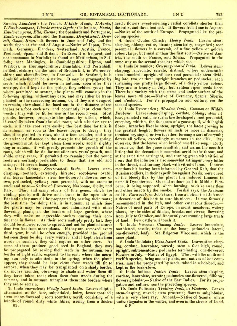 Swedes, Alandsrot; the French, L’Inule Aunee, L' Aunee, L’ Enule-campane, L’lierbe contre lagale; the Italians, Enula, Enula-campana, Ella, Elenio; the Spaniards and Portuguese, Enula-campana, Ala; and the Russians, Dewjatschid, Dew- esil, Oman, Krun. It flowers in June and July, and the seeds ripen at the end of August.—Native of Japan, Den- mark, Germany, Flanders, Switzerland, Austria, France, Piedmont, Spain, and Britain. In Essex it is frequent, and not uncommon in Norfolk; is found at Mettingham, in Suf- folk; near Madingley, in Cambridgeshire; Ripton, and Warboys, in Huntingdonshire; Dunstable, and Pertenhall, in Bedfordshire ; on the side of Bredon-hill, in Worcester- shire; and about St. Ives, in Cornwall. In Scotland, it is doubtful whether it be a native. It may be propagated by seeds, which should be sown in autumn, soon after they are ripe, for if kept to the spring, they seldom grow; but where permitted to scatter, the plants will come up in the following spring, without any care, and may either be trans- planted in the succeeding autumn, or, if they are designed to remain, they should be hoed out to the distance of ten inches or a foot each way, and constantly kept clean from weeds; they will be fit for use in the second year. Most people, however, propagate the plant by offsets, which, if carefully taken from the old roots, with a bud or eye to each, will take root very easily ; the best time for this, is in autumn, as soon as the leaves begin to decay; they should be planted in rows, about a foot asunder, and nine or ten inches’ distance in the rows; in the following spring, the ground must be kept clean from weeds, and if slightly dug in autumn, it will greatly promote the growth of the roots, which will be fit for use after two years’growth, and abide many years, if permitted to remain ; but the young roots are certainly preferable to those that are old and stringy. It loves a loamy soil. 2. Inula Odora; Sweet-rooted Inula. Leaves stem- clasping, toothed, extremely hirsute; root-leaves ovate; stem-leaves lanceolate; stem few-flowered ; flowers one or two, peduncled, yellow; root perennial, with an aromatic smell and taste.—Native of Provence, Narbonne, Sicily, and Italy. This, and many others of this genus, which are abiding plants, will thrive and flower in the open air in England : they may all be propagated by parting their roots; the best time for doing this, is in autumn, at which time the plants may be removed, and intermixed with other flowering plants, in the borders of large gardens, where they will make an agreeable variety during their con- tinuance in flower. As their roots multiply pretty fast, they should be allowed room to spread, and not be planted nearer than two feet from other plants. If they are removed every third year, it will be often enough, provided the ground between them be dug every winter ; and if kept clean from weeds in summer, they will require no other care. As some of them produce good seed in England, they may be propagated by sowing their seeds in the autumn, on a border of light earth, exposed to the east, where the morn- ing sun only is admitted ; in the spring, when the plants appear, they should be kept clean from weeds till fit to remove, when they may be transplanted on a shady border, six inches asunder, observing to shade and water them till they have taken root; clean them from weeds during the summer, and in autumn transplant them into borders where they are to remain. 3. Inula Suaveolens; Woolly-leaved Inula. Leaves elliptic, attenuated at the base, subpetioled, hairy, lower toothed ; stem manv-flowered ; roots scentless, acrid, consisting of a bundle of round dirty white fibres, issuing from a thicker G3. head; flowers sweet-smelling; radial corollets shorter than the calix, and three-toothed. It flowers from June to August. —Native of the south of Europe. Propagated like the pre- ceding species. 4. Inula Oculus Christi; Hoary Inula. Leaves stem- clasping, oblong, entire, hirsute; stem hairy, corymbed ; root perennial; flowers in a corymb, of a fine yellow or golden colour, large, but smaller than the first sort.—Native of Aus- tria, the south of France, and Silesia. Propagated in the same way as the second species; which see. 5. Inula Britannica; Creeping-rooted Inula. Leaves stem- clasping, lanceolate, serrate, distinct, villose underneath; stem branched, upright, villose ; root perennial; stem divid- ing into two or three upright branches or peduncles, each sustaining one pretty large flower, of a deep yellow colour. They are in beauty in July, but seldom ripen seeds here. There is a variety with the stems and under surface of the leaves more villose.—Native of Germany, Scania, Siberia, and Piedmont. For its propagation and culture, see the second species. 6. Inula Dysenterica; Meadow Inula, Common or Middle F/eabane. Leaves stem-clasping, cordate, oblong; stem vil- lose, panicled ; calicine scales bristle-shaped; root perennial, creeping, whitish, the thickness of a goose-quill, with largish fibres; branches like the stem, upright, the latest growing to the greatest height; flowers an inch or more in diameter, terminating, single, or two together, forming a sort of corymb; florets all yellow, exceedingly numerous in the disk. Ray observes, that the leaves when bruised smell like soap. Rutty informs us, that the juice is saltish, and warms the mouth a little; that the decoction is somewhat acrid in the throat, and at the same time astringent, and turning green with vitriol of iron; that the infusion is also somewhat astringent, very bitter in the throat, and turning black with vitriol of iron. Linneus mentions his having been informed by General Keit, that the Russian soldiers, in their expedition against Persia, were cured of the bloody flux by this plant: this induced Linneus to name it Dysenterica. Our old authors call it Middle Flea- bane, it being supposed, when burning, to drive away fleas and other insects by the smoke. Forskal says, the Arabians call it, Kara ezub, or Job’s tears, from a notion that Job used a decoction of this herb to cure his ulcers. It was formerly recommended in the itch, and other cutaneous disorder.— Native of most parts of Europe, in moist meadows, watery places, by the sides of ditches, brooks, and rivers; flowering from July to October, and frequently overrunning large tracts of land. Few cattle wiil touch it. 7. Inula Viscosa; Clammy Inula. Leaves lanceolate, toothletted, sessile, reflex at the base; peduncles lateral, one-flowered, leafy. See Erigoron Viscosum, which is the same plant. 8. Inula Undulata; Wave-leaved Inula. Leaves stem-clasp- irtg, cordate, lanceolate, waved; stem a foot high, round, upright, subtomentose; peduncles terminating, one-flowered. Flowers in July.—Native of Egypt. This, with the ninth and twelfth species, being annual plants, and natives of hot coun- tries, must be propagated by seeds raised in a hot-bed, and kept in the bark-stove. 9. Inula Indica; Indian Inula. Leaves stem-clasping, cordate, lanceolate, serrate; peduncles one-flowered, filiform; flowers globular.—Native of the East Indies. For its propa- gation and culture, see the preceding species. 10. Inula Pulicaria ; Trailing Inula, or Fleabane. Leaves stem-clasping, waved; stem prostrate; flowers subglobular, with a very short ray. Annual.—Native of Scania, where watex stagnates in the winter, and even in the streets of Lund, 9 F