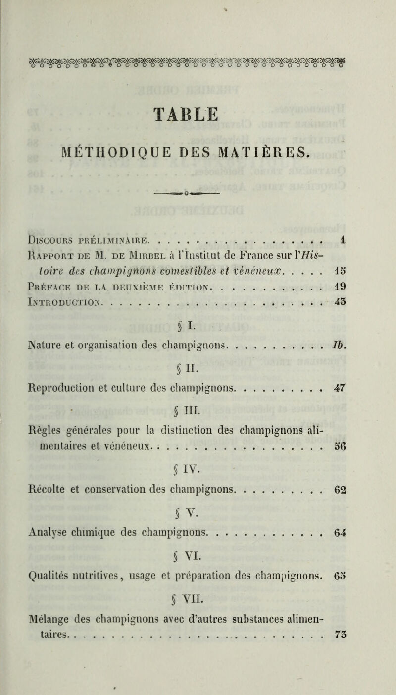 MÉTHODIQUE DES MATIÈRES. Discours préliminaire 1 Rapport de M. de Mirbel à l'institut de France sur Y His- toire des champignons comestibles et vénéneux 15 Préface de la deuxième édition 19 Introduction 45 § I. Nature et organisation des champignons Ib. S n. Reproduction et culture des champignons 47 § III. Règles générales pour la distinction des champignons ali- mentaires et vénéneux 56 5 IV. Récolte et conservation des champignons 62 § V. Analyse chimique des champignons 64 § VI. Qualités nutritives, usage et préparation des champignons. 65 § VIL Mélange des champignons avec d’autres substances alimen- taires 75