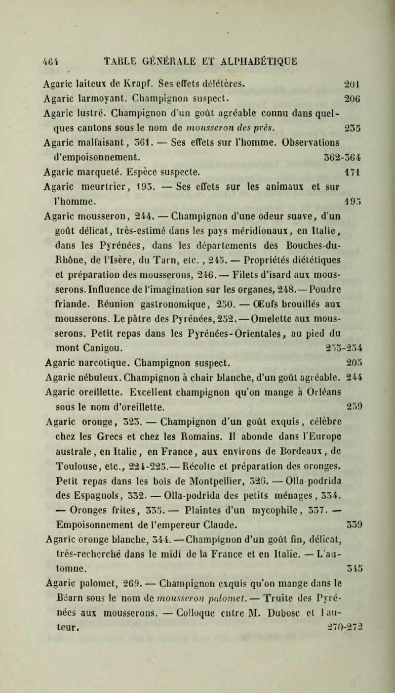 Agaric laiteux de Krapf. Ses effets délétères. 201 Agaric larmoyant. Champignon suspect. 206 Agaric lustré. Champignon d’un goût agréable connu dans quel- ques cantons sous le nom de mousseron des prés. 235 Agaric malfaisant, 361. — Ses effets sur l’homme. Observations d’empoisonnement. 562-364 Agaric marqueté. Espèce suspecte. 171 Agaric meurtrier, 193. —Ses effets sur les animaux et sur l’homme. 193 Agaric mousseron, 244. — Champignon d’une odeur suave, d’un goût délicat, très-estimé dans les pays méridionaux, en Italie, dans les Pyrénées, dans les départements des Bouches-du- Rhône, de l’Isère, du Tarn, etc. , 245. — Propriétés diététiques et préparation des mousserons, 246.— Filets d’isard aux mous- serons. Influence de l’imagination sur les organes, 248.— Poudre friande. Réunion gastronomique, 250. — Œufs brouillés aux mousserons. Le pâtre des Pyrénées, 252. — Omelette aux mous- serons. Petit repas dans les Pyrénées-Orientales, au pied du mont Canigou. 253-234 Agaric narcotique. Champignon suspect. 205 Agaric nébuleux. Champignon à chair blanche, d’un goût agréable. 244 Agaric oreillette. Excellent champignon qu’on mange à Orléans sous le nom d’oreillette. 259 Agaric oronge, 323. — Champignon d’un goût exquis, célèbre chez les Grecs et chez les Romains. 11 abonde dans l’Europe australe, en Italie, en France, aux environs de Bordeaux, de Toulouse, etc., 224-225.— Récolte et préparation des oronges. Petit repas dans les bois de Montpellier, 526. — Olla-podrida des Espagnols, 332. — Olla-podrida des petits ménages, 354. — Oronges frites, 335.— Plaintes d’un mycophilc, 557.— Empoisonnement de l’empereur Claude. 339 Agaric oronge blanche, 344.—Champignon d’un goût fin, délicat, très-recherché dans le midi de la France et en Italie. — L’au- tomne. 545 Agaric palomet, 269. — Champignon exquis qu’on mange dans le Béarn sous le nom de mousseron palomet. — Truite des Pyré- nées aux mousserons. — Colloque entre M. Dubosc et fau- teur. 270-272