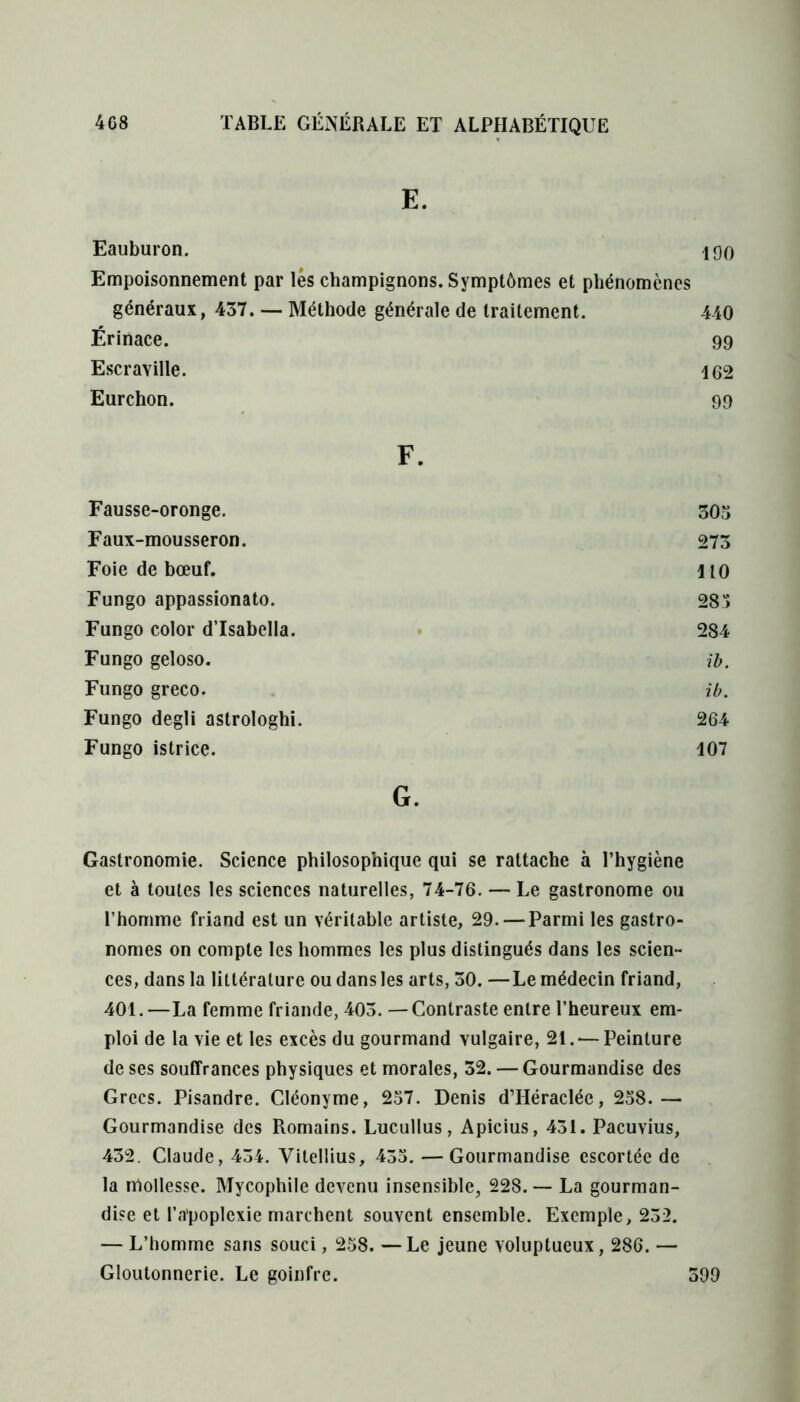 E. Eauburon. 190 Empoisonnement par lés champignons. Symptômes et phénomènes généraux, 437. — Méthode générale de traitement. 440 Érinace. 99 Escr avilie. 162 Eurchon. 99 F. Fausse-oronge. 303 Faux-mousseron. 273 Foie de bœuf. 110 Fungo appassionato. 283 Fungo color d’Isabella. 284 Fungo geloso. ib. Fungo greco. ib. Fungo degli astrologhi. 264 Fungo istrice. 107 G. Gastronomie. Science philosophique qui se rattache à l’hygiène et à toutes les sciences naturelles, 74-76. — Le gastronome ou l’homme friand est un véritable artiste, 29. — Parmi les gastro- nomes on compte les hommes les plus distingués dans les scien- ces, dans la littérature ou dans les arts, 30. —Le médecin friand, 401.—La femme friande, 403. — Contraste entre l’heureux em- ploi de la vie et les excès du gourmand vulgaire, 21. — Peinture de ses souffrances physiques et morales, 32. — Gourmandise des Grecs. Pisandre. Cléonyme, 257. Denis d’Héraclée, 258.— Gourmandise des Romains. Lucullus, Apicius, 431. Pacuyius, 432. Claude, 434. Vitellius, 435. — Gourmandise escortée de la mollesse. Mycophile devenu insensible, 228. — La gourman- dise et l’a'poplexie marchent souvent ensemble. Exemple, 232. — L’homme sans souci, 258. — Le jeune voluptueux, 286. — Gloutonnerie. Le goinfre. 399