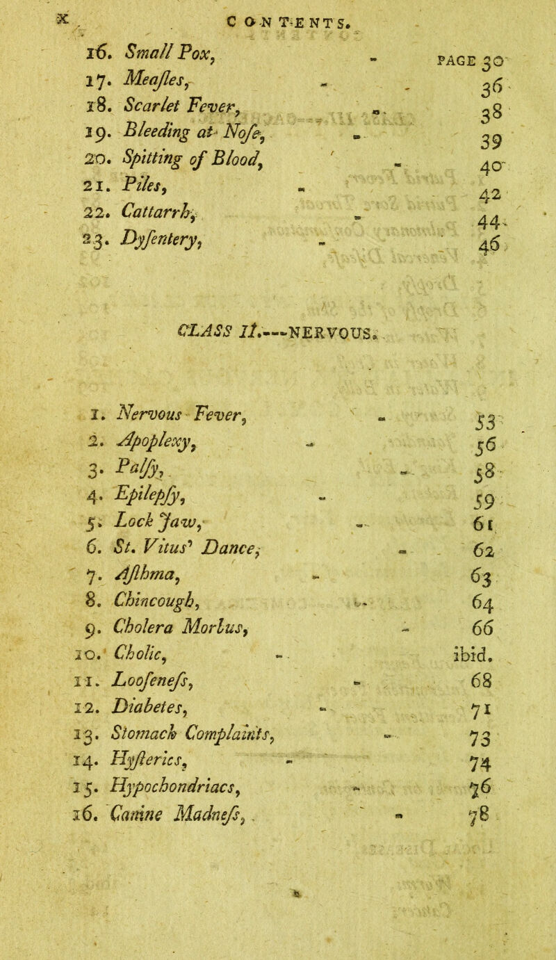 ®v- C O N T'E NTS* r6* Small Pox, „ page 30 17. Meajles, - , ^6 18. Scarlet Fever, ^g 29. Bleeding at Nofe, » ^9 20. Spitting of Blood, ' . ^0- 21. P//«, . 42 22. Cattarrh, » ^ 23. Dyfentery, - 46 l/.—NERVOUS* 1. Nervous Fever, - 2. Apoplexy9 - 56 3- - 58 4. Epilepfy, . 59 5. Lockjaw, - 61 6. 5/. Vitus1 Dance? - 62 7. /ijlhma, - 63 8. Chincough, - 64 9. Cholera Morlus, - 66 10. Cholic, - ibid. it. Loofenefs, - 68 12. Diabetes, « 71 13. Stomach Complaints, « 73 14. Hy/lerics, - 74 15. Hypochondriacs, - 76 16. Canine Madnefs9 ' 78 *