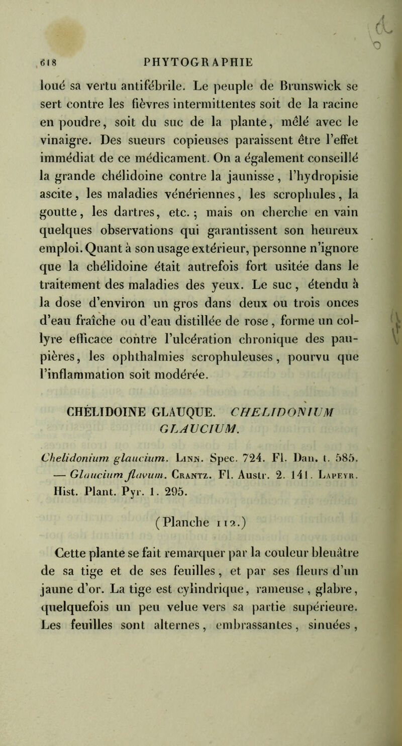 Joué sa vertu antifébrile. Le peuple de Brunswick se sert contre les fièvres intermittentes soit de la racine en poudre, soit du suc de la plante, mêlé avec le vinaigre. Des sueurs copieuses paraissent être l’effet immédiat de ce médicament. On a également conseillé la grande chélidoine contre la jaunisse, l’hydropisie ascite , les maladies vénériennes, les scropliules , la goutte, les dartres, etc. 5 mais on cherche en vain quelques observations qui garantissent son heureux emploi. Quant à son usage extérieur, personne n’ignore que la chélidoine était autrefois fort usitée dans le traitement des maladies des yeux. Le suc , étendu à la dose d’environ un gros dans deux ou trois onces d’eau fraîche ou d’eau distillée de rose , forme un col- lyre efficace contre l’ulcération chronique des pau- pières, les ophthalmies scrophuleuses, pourvu que l’inflammation soit modérée. CHÉLIDOINE GLAUQUE. CHEUDOÎ9WM GLJVCIUM. Chelidonium glaucium. Linjs. Spec. 724. Fi. Dan. t. 585. — Glaucium jlavum. Crantz. Fl. Austr. 2. 141. Lapeyr. Hist. Plant. Pyr. 1. 295. (Planche 112.) Cette plante se fait remarquer par la couleur bleuâtre de sa tige et de ses feuilles, et par ses fleurs d’un jaune d’or. La tige est cylindrique, rameuse , glabre, quelquefois un peu velue vers sa partie supérieure. Les feuilles sont alternes, embrassantes, sinuées,