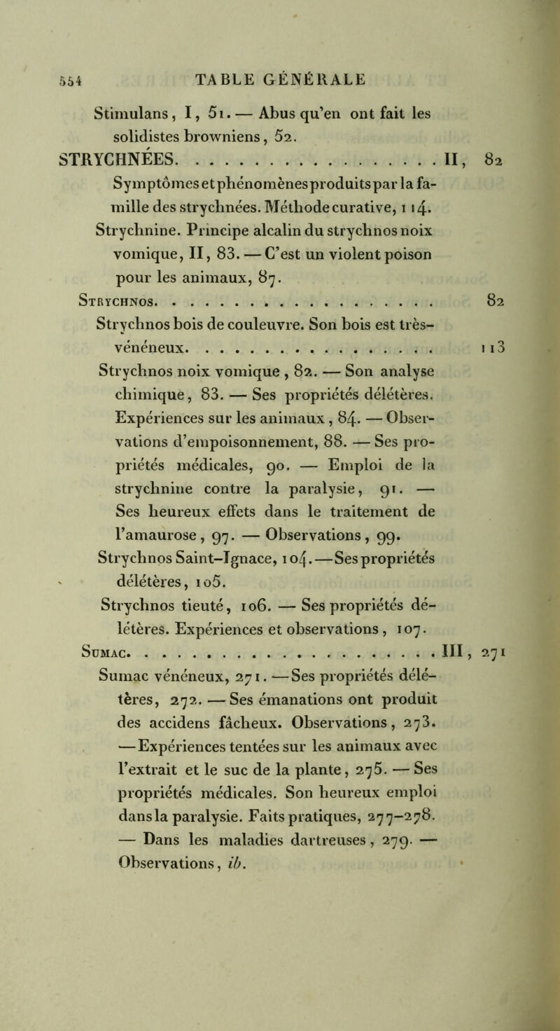 Stimulans, I, 5i.— Abus qu’en ont fait les solidistes browniens, 52. STRYCHNÉES II, 82 Symptômes et phénomènes produits par la fa- mille des strychnées. Méthode curative, 1 14* Strychnine. Principe alcalin du strychnos noix vomique, II, 83. — C’est un violent poison pour les animaux, 87. Strychnos 82 Strychnos bois de couleuvre. Son bois est très- vénéneux ! 13 Strychnos noix vomique ,82. — Son analyse chimique, 83. — Ses propriétés délétères. Expériences sur les animaux, 84. — Obser- vations d’empoisonnement, 88. — Ses pro- priétés médicales, 90. — Emploi de la strychnine contre la paralysie, 91. — Ses heureux effets dans le traitement de l’amaurose, 97. — Observations, 99. Strychnos Saint-Ignace, 104.—Ses propriétés délétères, io5. Strychnos tieuté, 106. — Ses propriétés dé- létères. Expériences et observations , 107. Sumac 111, 271 Sumac vénéneux, 271. —Ses propriétés délé- tères, 272. —Ses émanations ont produit des accidens fâcheux. Observations, 273. — Expériences tentées sur les animaux avec l’extrait et le suc de la plante, 275. — Ses propriétés médicales. Son heureux emploi dans la paralysie. Faits pratiques, 277-278. — Dans les maladies dartreuses, 279. — Observations, ib.