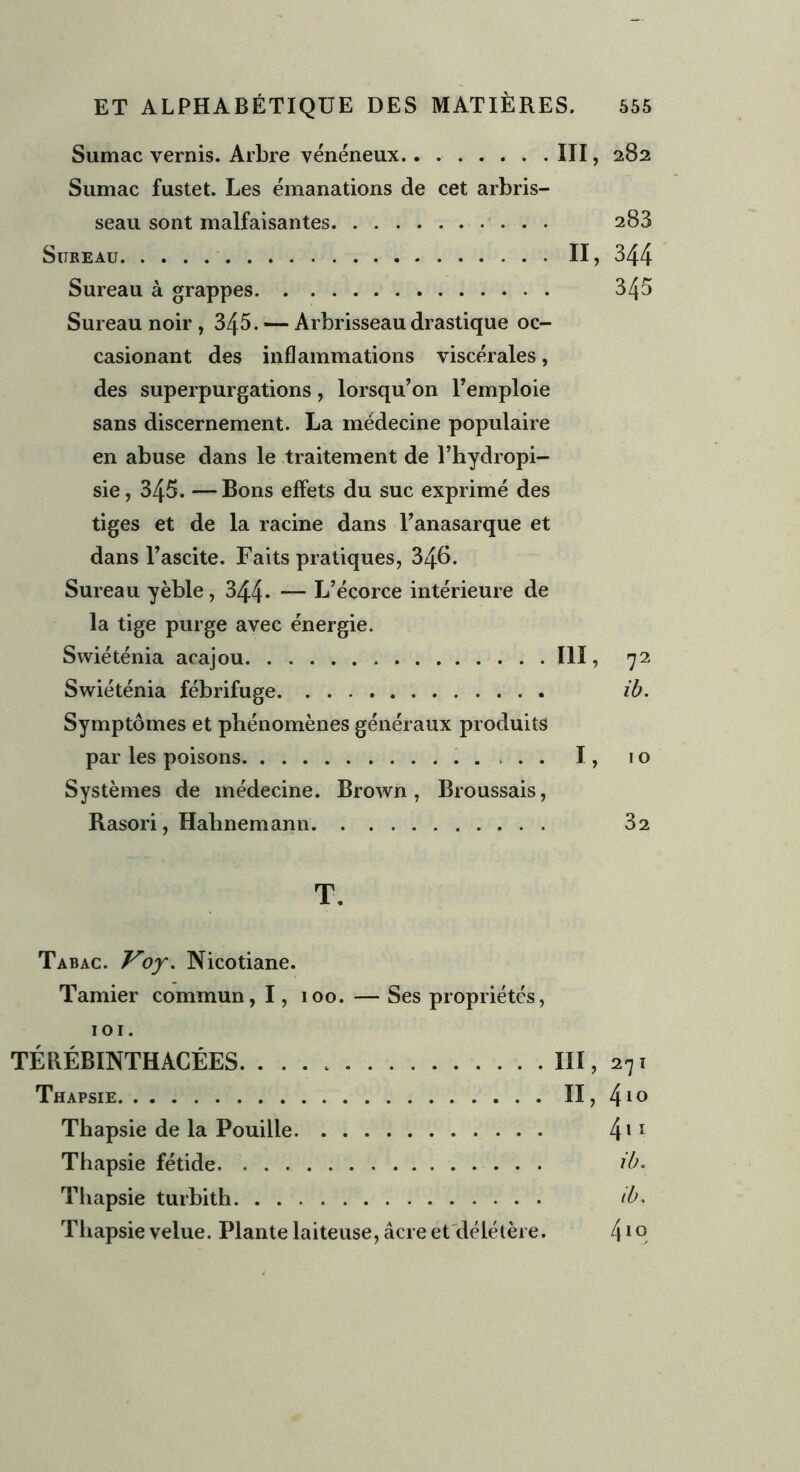 Sumac vernis. Arbre vénéneux III, 282 Sumac fustet. Les émanations de cet arbris- seau sont malfaisantes 283 Sureau II, 344 Sureau à grappes 345 Sureau noir , 345. — Arbrisseau drastique oc- casionant des inflammations viscérales, des superpurgations, lorsqu’on l’emploie sans discernement. La médecine populaire en abuse dans le traitement de l’hydropi— sie, 345. — Bons effets du suc exprimé des tiges et de la racine dans l’anasarque et dans l’ascite. Faits pratiques, 346. Sureau yèble, 344- — L’écorce intérieure de la tige purge avec énergie. Svviéténia acajou III, 72 Swiéténia fébrifuge ib. Symptômes et phénomènes généraux produits par les poisons 1, 10 Systèmes de médecine. Brown , Broussais, Rasori, Habnemann 32 T. Tabac. Voy. Nicotiane. Tamier commun, 1, 100. — Ses propriétés, 101. TÉRÉBINTHACÉES Thapsie Thapsie de la Pouille Thapsie fétide Thapsie turbith Thapsie velue. Plante laiteuse, âcre et délétère. III, 27 1 il, 410 4n ib. ib. 410
