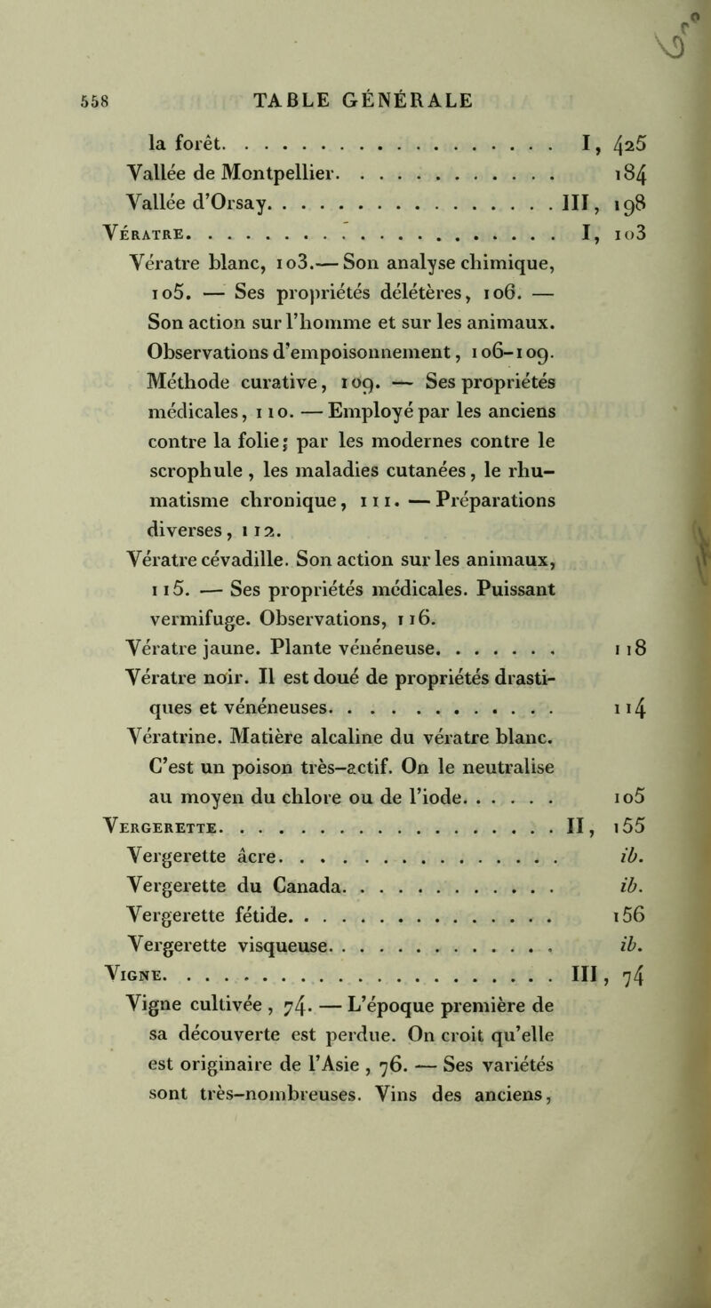 la foret 1, 425 Vallée de Montpellier 184 Vallée d’Orsay III, 198 Vératre I, io3 Vératre blanc, io3.— Son analyse chimique, io5. — Ses propriétés délétères, 106. — Son action sur l’homme et sur les animaux. Observations d’empoisonnement, 106-109. Méthode curative, 109. — Ses propriétés médicales, 110. —Employé par les anciens contre la folie,' par les modernes contre le scrophule , les maladies cutanées, le rhu- matisme chronique, ni. — Préparations diverses, 112. Vératre cévadille. Son action sur les animaux, 115. — Ses propriétés médicales. Puissant vermifuge. Observations, 116. Vératre jaune. Plante vénéneuse 118 Vératre noir. Il est doué de propriétés drasti- ques et vénéneuses 114 Vératrine. Matière alcaline du vératre blanc. C’est un poison très-actif. On le neutralise au moyen du chlore ou de l’iode io5 Vergerette II, i55 Vergerette âcre ib. Vergerette du Canada ib. Vergerette fétide 156 Vergerette visqueuse ib. Vigne III, 74 Vigne cultivée , 74* — L’époque première de sa découverte est perdue. On croit qu’elle est originaire de l’Asie , 76. — Ses variétés sont très-nombreuses. Vins des anciens,