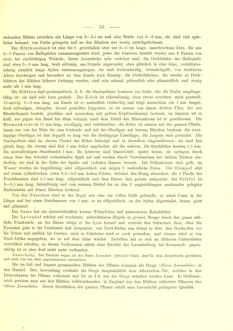 stellenden Blätter erreichen ein Länge von 2—3,5 cm und eine Breite von 3—6 mm, sie sind viel spär- licher behaart, von Farbe graugrün und an den Rändern nur wenig zurückgekrümmt. Der Blüthenstand ist eine bis 8, gewöhnlich aber nur 3—5 cm lange, unterbrochene Ähre, die aus 4—5 Paaren von Halbquirlen zusammengesetzt wird; jeder der letzteren besteht wieder aus 2 Paaren von zwei- bis vierbliithigen Wickeln, deren Axenstücke sehr verkürzt sind; die Deckblätter der Halbquirle sind etwa 3—5 mm lang, breit eiförmig, am Grunde abgerundet, oben plötzlich in eine feine, verhältniss- mässig ziemlich lange Spitze zusammengezogen, sie sind trockenhäutig, bräunlichgelb, von dunkleren Adern durchzogen und besonders an dem Rande kurz flaumig; die Deckblättchen, die wieder zu Deck- blättern der Blüthen höherer Ordnung werden, sind sehr schmal, pfriemlich oder eilanzettlich, und wenig mehr als 1 mm lang. Die Blüthen sind proterandrisch, d. h. die Staubgefässe kommen zur Reife, ehe die Narbe empfangs- fähig ist; sie sind sehr kurz gestielt. Der Kelch ist röhrenförmig, oben etwas erweitert, stark gestreift, 13-nervig, 5—6 mm lang, am Rande ist er undeutlich vierkerbig und trägt ausserdem ein 1 mm langes, breit eiförmiges, stumpfes, dorsal gestelltes Läppchen; er ist aussen von einem dichten Filze, der aus Büschelhaaren besteht, graublau und ausserdem mit gelben Köpfchenhaaren bestreut, im Inneren ist er kahl, nur gegen den Rand hin dünn behaart; nach dem Abfall der Blumenkrone ist er geschlossen. Die Blumenkrone ist 11 mm lang, zweilippig und veilchenblau; die Röhre ist aussen auf der ganzen Fläche, innen nur von der Mitte bis zum Schlunde und auf der Oberlippe mit kurzen Härchen bestreut; die zwei- lappige Oberlippe ist fast doppelt so lang wie die dreilappige Unterlippe, die Lappen sind gerundet. Die Staubgefässe sind im oberen Viertel der Röhre befestigt und in derselben eingeschlossen; sie sind fast gleich lang, die oberen sind fast 1 mm höher angeheftet, als die unteren, die Staubfäden messen 1,5 mm, die nierenförmigen Staubbeutel 1 mm; die letzteren sind blassviolett, später braun, sie springen durch einen über den Scheitel verlaufenden Spalt auf und werden durch Verschmelzen der beiden Theken ein- fächrig; sie sind in der Nähe der Spalte mit violetten Haaren besetzt. Die Pollenkörner sind gelb, im Wasser werden sie kugelförmig oder ellipsoidisch und zeigen 8 undeutliche Poren. Der Stempel sitzt auf einem cylindrischen, etwa 0,4—0,6 mm hohen Polster, welches den Honig absondert; die 4 Theile des Fruchtknotens sind 0,5 mm lang, ellipsoidisch und dem Discus fast gerade aufgesetzt; der Griffel ist 3—3,5 mm lang, fadenförmig und vom unteren Drittel bis zu den 2 ungleichlangen aneinander gelegten Narbenästen mit feinen Härchen bestreut. Von den Nüsschen wird in der Regel nur eins zur vollen Reife gebracht, es misst 2 mm in der Länge und hat einen Durchmesser von 1 mm; es ist ellipsoidisch, an der Spitze abgerundet, braun, glatt und glänzend. Der Same hat ein ausserordentlich kurzes Würzelchen und planconvexe Keimblätter. Der Lavendel wächst auf trockenen, unfruchtbaren Hügeln in grosser Menge durch das ganze süd- liche Frankreich; an der Rhone steigt er bis Lyon herauf und erreicht den Schweizer Jura; über die Pyrenäen geht er bis Catalonien und Aragonien; von Nord-Italien aus dringt er über den Garda-See vor bis Trient und südlich bis Corsica; auch in Calabrien wird er noch gefunden, und ebenso wird er von Nord-Afrika angegeben, wo er auf dem Atlas wächst. Zuweilen hat er sich an früheren Culturstätten verwildert erhalten, zu diesen Vorkommen zählte ohne Zweifel der Lavendelberg bei Kreuznach; gegen- wärtig ist er aber dort nicht mehr vorhanden. Anmerkung. Der Priorität wegen ist der Name Lavandula officinalis Chaix dem*in dem Arzneibuche gewählten und auch von uns oben angenommenen vorzuziehen. Die im Juli und August gesammelten Blüthen der Pflanze kommen als Droge (Flores Lavandulae) in den Handel. Ihre Anwendung verdankt die Droge hauptsächlich dem ätherischen Öle, welches in den Drüsenhaaren der Pflanze vorkommt und bis zu %% aus der Droge erhalten werden kann. In Südfrank- reich gewinnt man aus den Blüthen wildwachsender, in England aus den Blüthen cultivirter Pflanzen das Oleum Lavandulae. Durch Destillation der ganzen Pflanze erhält man Lavendelöl geringerer Qualität.