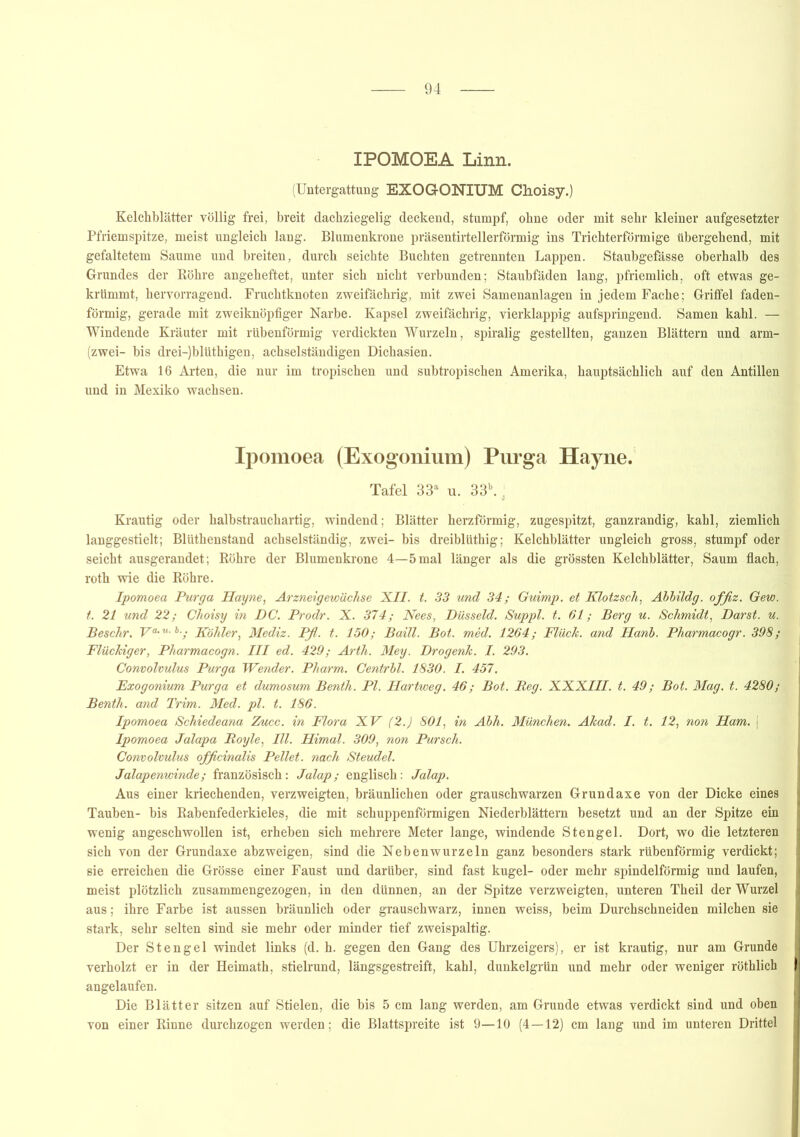 IPOMOEA Linn. (Untergattung EXOGONIUM Choisy.) Kelchblätter völlig frei, breit dachziegelig deckend, stumpf, ohne oder mit sehr kleiner aufgesetzter Pfriemspitze, meist ungleich lang. Blumenkrone präsentirtellerförmig ins Trichterförmige übergehend, mit gefaltetem Saume und breiten, durch seichte Buchten getrennten Lappen. Stauhgefässe oberhalb des Grundes der Köhre angeheftet, unter sich nicht verbunden; Staubfäden lang, pfriemlich, oft etwas ge- krümmt, hervorragend. Fruchtknoten zweifächrig, mit zwei Samenanlagen in jedem Fache; Griffel faden- förmig, gerade mit zweiknöpfiger Narbe. Kapsel zweifächrig, vierklappig aufspringend. Samen kahl. — Windende Kräuter mit rübenförmig verdickten Wurzeln, spiralig gestellten, ganzen Blättern und arm- (zwei- bis drei-)blüthigen, achselständigen Dichasien. Etwa 16 Arten, die nur im tropischen und subtropischen Amerika, hauptsächlich auf den Antillen und in Mexiko wachsen. Ipomoea (Exogonium) Purga Hayne. Tafel 33a u. 33\ Krautig oder halbstrauchartig, windend; Blätter herzförmig, zugespitzt, ganzrandig, kahl, ziemlich langgestielt; Blüthenstand achselständig, zwei- bis dreiblüthig; Kelchblätter ungleich gross, stumpf oder seicht ausgerandet; Röhre der Blumenkrone 4—5 mal länger als die grössten Kelchblätter, Saum flach, roth wie die Röhre. Ipomoea Purga Hayne, Arzneigewächse XII. t. 33 und 34; Guimp. et Klotzsch, Abbildg. offiz. Gew. t. 21 und 22; Choisy in DC. Prodr. X. 374; Nees, Düsseid. Suppl. t. 61; Berg u. Schmidt, Darst. u. Beschr. Va- “•b-; Köhler, Mediz. Pfl. t. 150; Baill. Bot. med. 1264; Fluch, and Hanb. Pharmacogr. 398; Flächiger, Pharmacogn. III ed. 429; Arth. Mey. Drogenh. I. 293. Convolvulus Purga Wender. Pharm. Centrbl. 1830. I. 457. Exogonium Purga et dumosum Benth. PI. Hartweg. 46; Bot. Reg. XXXIII. t. 49; Bot. Mag. t. 4280; Benih. and Trim. Med. pl. t. 186. Ipomoea Schiedeana Zucc. in Flora XV (2.) 801, in Abh. München. Ahad. I. t. 12, non Ham. j Ipomoea Jalapa Royle, III. Himal. 309, non Pur sch. Convolvulus ofßcinalis Pellet, nach Steudel. Jalapenwinde; französisch: Jalap; englisch: Jalap. Aus einer kriechenden, verzweigten, bräunlichen oder grauschwarzen Grundaxe von der Dicke eines Tauben- bis Rahenfederkieles, die mit schuppenförmigen Niederblättem besetzt und an der Spitze ein wenig angeschwollen ist, erheben sich mehrere Meter lange, windende Stengel. Dort, wo die letzteren sich von der Grundaxe abzweigen, sind die Nebenwurzeln ganz besonders stark rübenförmig verdickt; sie erreichen die Grösse einer Faust und darüber, sind fast kugel- oder mehr spindelförmig und laufen, meist plötzlich zusammengezogen, in den dünnen, an der Spitze verzweigten, unteren Theil der Wurzel aus; ihre Farbe ist aussen bräunlich oder grauschwarz, innen weiss, beim Durchschneiden milchen sie stark, sehr selten sind sie mehr oder minder tief zweispaltig. Der Stengel windet links (d. h. gegen den Gang des Uhrzeigers), er ist krautig, nur am Grunde verholzt er in der Heimath, stielrund, längsgestreift, kahl, dunkelgrün und mehr oder weniger röthlich angelaufen. Die Blätter sitzen auf Stielen, die bis 5 cm lang werden, am Grunde etwas verdickt sind und oben von einer Rinne durchzogen werden; die Blattspreite ist 9—10 (4—12) cm lang und im unteren Drittel