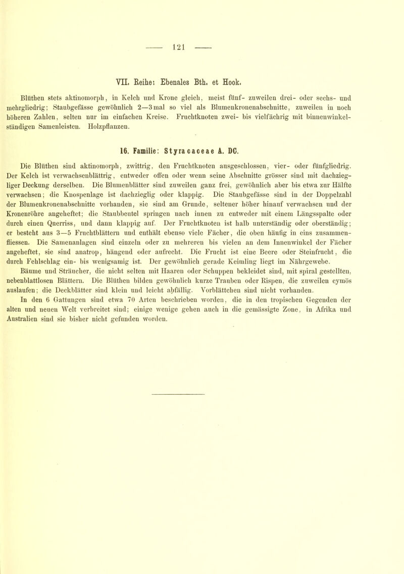 VII. Reihe: Ebenales Bth, et Hook. Blüthen stets aktinomorph, in Kelch und Krone gleich, meist fünf- zuweilen drei- oder sechs- und mehrgliedrig; Staubgefässe gewöhnlich 2—3mal so viel als Blumenkronenabschnitte, zuweilen in noch höheren Zahlen, selten nur im einfachen Kreise. Fruchtknoten zwei- bis vielfächrig mit binnen winkel- ständigen Samenleisten. Holzpflanzen. 16. Familie: Styracaceae A. DG. Die Blüthen sind aktinomorph, zwittrig, den Fruchtknoten ausgeschlossen, vier- oder fünfgliedrig. Der Kelch ist verwachsenblättrig, entweder offen oder wenn seine Abschnitte grösser sind mit dachzieg- liger Deckung derselben. Die Blumenblätter sind zuweilen ganz frei, gewöhnlich aber bis etwa zur Hälfte verwachsen; die Knospenlage ist dachzieglig oder klappig. Die Staubgefässe sind in der Doppelzahl der Blumenkronenabschnitte vorhanden, sie sind am Grunde, seltener höher hinauf verwachsen und der Kronenröhre angeheftet; die Staubbeutel springen nach innen zu entweder mit einem Längsspalte oder durch einen Querriss, und dann klappig auf. Der Fruchtknoten ist halb unterständig oder oberständig; er besteht aus 3—5 Fruchtblättern und enthält ebenso viele Fächer, die oben häufig in eins zusammen- fliessen. Die Samenanlagen sind einzeln oder zu mehreren bis vielen an dem Innenwinkel der Fächer angeheftet, sie sind anatrop, hängend oder aufrecht. Die Frucht ist eine Beere oder Steinfrucht, die durch Fehlschlag ein- bis wenigsamig ist. Der gewöhnlich gerade Keimling liegt im Nährgewebe. Bäume und Sträucher, die nicht selten mit Haaren oder Schuppen bekleidet sind, mit spiral gestellten, nebenblattlosen Blättern. Die Blüthen bilden gewöhnlich kurze Trauben oder Rispen, die zuweilen cymös auslaufen; die Deckblätter sind klein und leicht abfällig. Vorblättchen sind nicht vorhanden. In den 6 Gattungen sind etwa 70 Arten beschrieben worden, die in den tropischen Gegenden der alten und neuen Welt verbreitet sind; einige wenige gehen auch in die gemässigte Zone, in Afrika und Australien sind sie bisher nicht gefunden worden.