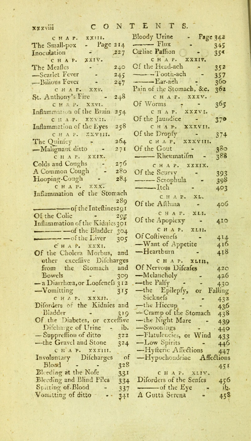 xxxvlii CON CHAP. XXIII. The Small-pox - Page 214 Inoculation - ,227 CHAP. XXIV. The Mealies - 240 —Scarlet Fever - 245 s—Bilious Fever - 247 CHAP. XXV. Bt. Anthony’s Fire - 248 CHAP. XXVI. Inflammation of the Brain 254 C II A P. XXVII. Inflammation of the Eyes 258 CHAP. XXVIII. The Quiniey ^ 264 t—Malignant ditto - 271 C K A P. XXIX. Colds and Coughs - 276 A Common Cough - 280 Hooping-Cough - 284 CHAP. XXX. Inflammation of the St'omach 289 — of thclnteftines29i Of the Colic - 29^ Inflammation of the Kidnies39i of the Bladder 304 of the Liver 305 CHAP, XXXI. Of the Cholera Morbus, and ether exceffive Difeharges from the Stomach and Bowels - 309 — a Diarrhoea,or Loofenefs 312 —^Yomitting - 315 CHAP. XXXII. Diforders of the Kidnies and Bladder - 319 Of the Diabetes, or exceffive Difcharge of Urine - ib. — Suppreffion of ditto 322 •—the Gravel and Stone 324 c K A P. XXXIII. Involuntary Difeharges of Blond - - 328 B'l( eding at the Nofe 551 Bleeding and Blind Files 334 Spitting of.Blood - 337 Vorrutting of ditto - - 341 r E N r s. ' Bloody Urine - Page 54^ •—~ - 34S Cceliac Paffion - 354 C H A P. XXXIV. Of the Kead-ach - 352 I'ooth-ach - 357 ~-Ear-ach - 360 Pain of the Stomach, See, 362 CHAP. XXXV. Of Worms r  3^5 chap. XXXVI, Of tlie Jaundice - 371a C H A F. XXXVII. Of the Dropfy - 374 C H A P. XXXVIII, Of the Gout - 380 — Rhemnatifm - 38S CHAP. XXXIX. Of the Scurvy - 393 —-— Scrophula - 398 —.—«Itch - 403 CHAP. XL, Of the Afthma - 406 CHAP. XLI. Of the Apoplexy - 41Q CHAP. XLII. Of Coftivenefs - 414 —Want of Appetite 416 —Heartburn - 458 CHAP. XLIIU Of Nervous Difeafes 420 -—Melancholy - 426 thePalfy - - 430 —the Epilepfy, or Falling Sicknefs - - 432 -—the Hiccup - 43,6 —Cramp of tAe Stomach 438 —the Night Mare - 439 —Swoon iiigs - • 440 —Flatulencies, or Wind 433 —Low Spirits - 446 —Hyl'teric Affedlions 447 —Hypochondriac Affedlions 45 f CHAP. XLIV. Diforders of the Senfes 456 ■——of the Eye - ib* A Gutta Serena - 45S