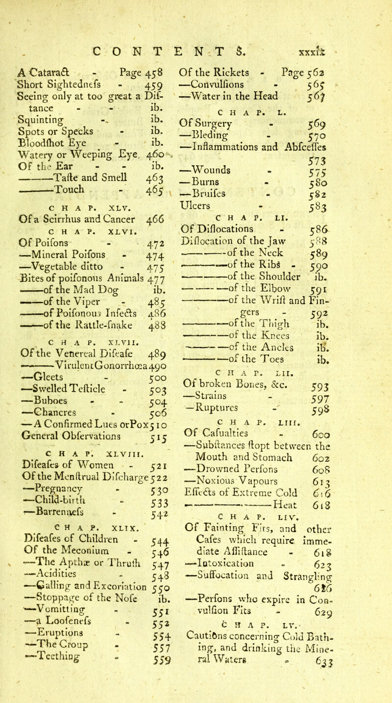 A Catarad - Page 458 Short Sightednefs - 459 Seeing only at too great a Dif- tance - - ib. Squinting ib. Spots or Specks - ib. Bloodihot Eye - ib. Watery or Weeping Eye, 460 . Of the Ear - - ib. — Tafte and Smell 463 -Touch - 465 CHAP. XLV. Of a Scirrhus and Cancer 466 CHAP. XLVI. OfPoifons - 472 —Mineral Poifons - 474 -—Vegetable ditto - 475 Bites of poifonous Animals 477 ■ —of the Mad Dog ib. of the Viper - 485 of Poifonous Infefts 486 of the Rattle-fnake 488 CHAP. XLVII. Of the Venereal Dif?afe 489 VirulentGonorrhcea490 —Gleets - 500 —S welled Tefticle - 503 —Buboes - - 504 —Chancres - 506 —A Confirmed Lues orPoxj i o General Obfervations 515 CHAP. XLVIII. DIfeafes of Women - 521 Of the Mcnftrual Difcharge522 —Pregnancy - 330 542 e H A P. XLIX. Difeafes of Children - 544 Of the Meconium - 345 —The Aptlne or Thrulh 547 —Acidities - 3^g —Galling and Excoriation 330 —Stoppage of the Nofe ib. Vomitting - 331 —a Loofenefs - 332 —Eruptions - ce± —The Croup - S^7 —Teething » 339 —Child-birth 1—Barren nefs Of the Rickets - Page 362 —Convulfions - 563 —Water in the Head 567 CHAP. L. Of Surgery - 569 —Bleding - 370 —Inflammations and Abfceffes 573 —Wounds - 373 —Burns - 380 —Bruifes - 382 Ulcers - 383 CHAP. LI. Of Diflocations Diflocation of the Jaw ~— of the Neck ——of the Ribg - of the Shoulder -of the Elbow 586 588 389 590 ib. 591 -of the Wrifi and Fin- gers - 392 -of the Tliigh ib. -of the Knees ib. -of the Ancles ib*. -of the Toes ib. CHAP. Lll. Of broken Bones, &c. 593 —Strains - 39-7 — Ruptures 398 CHAP. Liir. Of Cafualties - 600 —Subftances flopt between the Mouth and Stomach 602 —Drowned Perfons 60B —Noxious Vapours 613 Efitdls of Ext re me Cold 616 ,— Heat 618 C H A P. LIV. Of Fainting Fits, and other Cafes which require imme- diate Alfiflance - 618 —‘Intoxication - <523 —Suffocation and Strangling 616 —Perfons who expire in Con- vulfion Fits - 629 CHAP. LV.- Cautl^ns concerning Cold Bath- ing, and drinking the Mine- ral Waters » 633