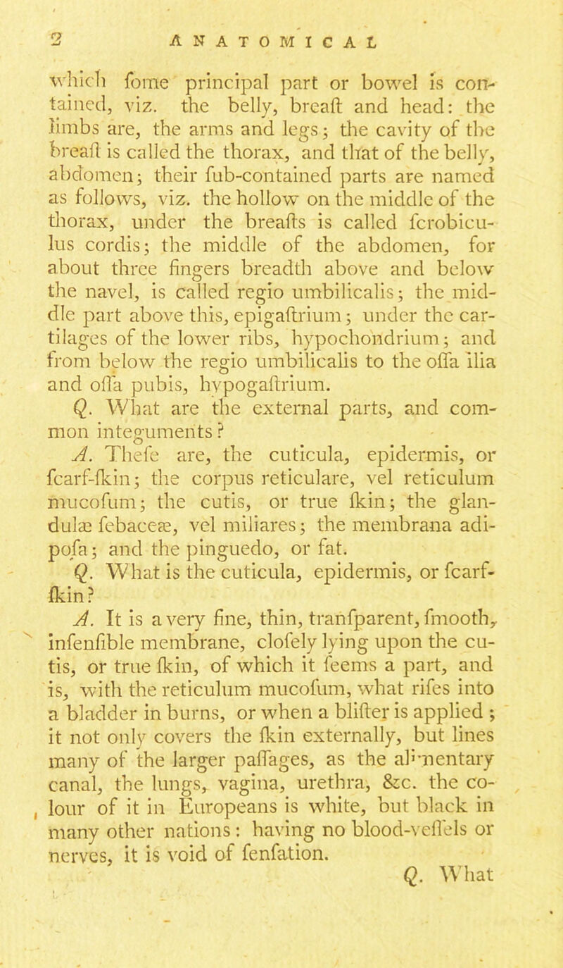which fome principal part or bowel is con- tained, viz. the belly, bread: and head: the limbs are, the arms and legs; the cavity of the bread is called the thorax, and that of the belly, abdomen; their fub-contained parts are named as follows, viz. the hollow on the middle of the thorax, under the breads is called fcrobicu- lus cordis; the middle of the abdomen, for about three fingers breadth above and below the navel, is called regio umbilicalis; the mid- dle part above this, epigadrium; under the car- tilages of the lower ribs, hypochohdrium; and from below the regio umbilicalis to the ofia ilia and ofia pubis, hvpogadrium. Q. What are the external parts, and com- mon integuments ? A. Thefe are, the cuticula, epidermis, or fcarf-fkin; the corpus reticulare, vel reticulum mucofum; the cutis, or true Ikin; the glan- dulas febacete, vel miliares; the membrana adi- pofa; and the pinguedo, or fat. Q. What is the cuticula, epidermis, or fcarf- Ikin? A. It is a very fine, thin, tranfparent, fmoothy infenfible membrane, clofely lying upon the cu- tis, or true Ikin, of which it feems a part, and is, with the reticulum mucofum, what rifes into a bladder in burns, or when a blider is applied ; it not only covers the Ikin externally, but lines many of the larger pafiages, as the afimentary canal, the lungs, vagina, urethra, &c. the co- , lour of it in Europeans is white, but black in many other nations : having no blood-veflels or nerves, it is void of fenfation. Q. What