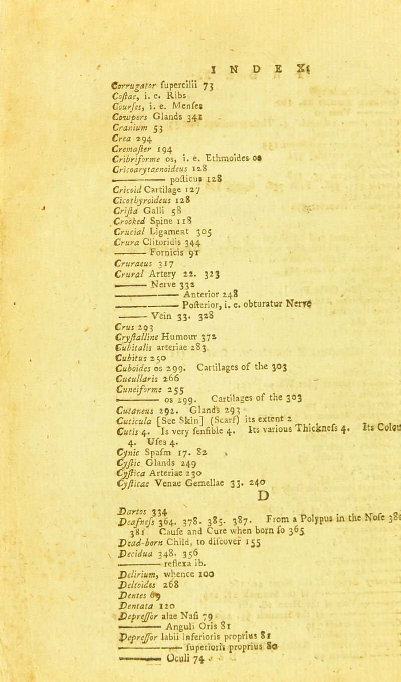 Corrugettor fupereilii 7$ Cojiae, i. e. Ribs Courjes, i. e. Menfes Cowpers Glands 341 Cranium 53 Crca 294 Cremajicr 194 Cribriforme os, i. e. Ethmoides- OS Cricoarytaenoideus 128 poRicus 128 Cricoid Cartilage 127 Cicotbyroideus 128 Crijla Galli 58 '■*' Crooked Spine 118 Crucial Ligament 305 Crura Clitoridis 344 Fornicis 9T Cruraeus 317 Crural Artery 22. 323 Nerve 332 — Anterior 248 Pofterior, i. e. obturatur Nertt? Vein 33. 328 Crus 293 Cryjlalline Humour 37a Cubitalis arteriae 283 Cubitus 250 Cuboides os 299. Cartilages of the 303 Cucullaris 266 - Cuneiforms 255 os 299. Cartilages of the 303 Cutaneus 292. Glands 293 Cuticula [See Skin] (Scarf) its extent 2 Cutis 4. Is very fenfible 4. Its various Thicknefs 4< 4. Ufes 4. Cynic Spafm 17. 8a > Cyjlic Glands 249 Cyjlica Arteriae 230 Cyfticas Venae Gemellae 33. 24° D Its C0I9U Deafnejs 364. 378. 385- 1*7- Fl0m * Po,*Pu* in thc Nofe 33; 381 Caufe and Cure when born fo 365 Dead-born Child, to difcover 155 Decidua 348. 35S reflexa ib. Delirium, whence IQO Dcltoidts 268 Dentes Dentata 120 DcpreJJ'or alae Nafi 79 ■ - ■ Anguli Oris 81 pcprcj/br labii inferioris proprius 81 - —.— fuperiori's proprius 80 ’ - Oculi 74 -• ’