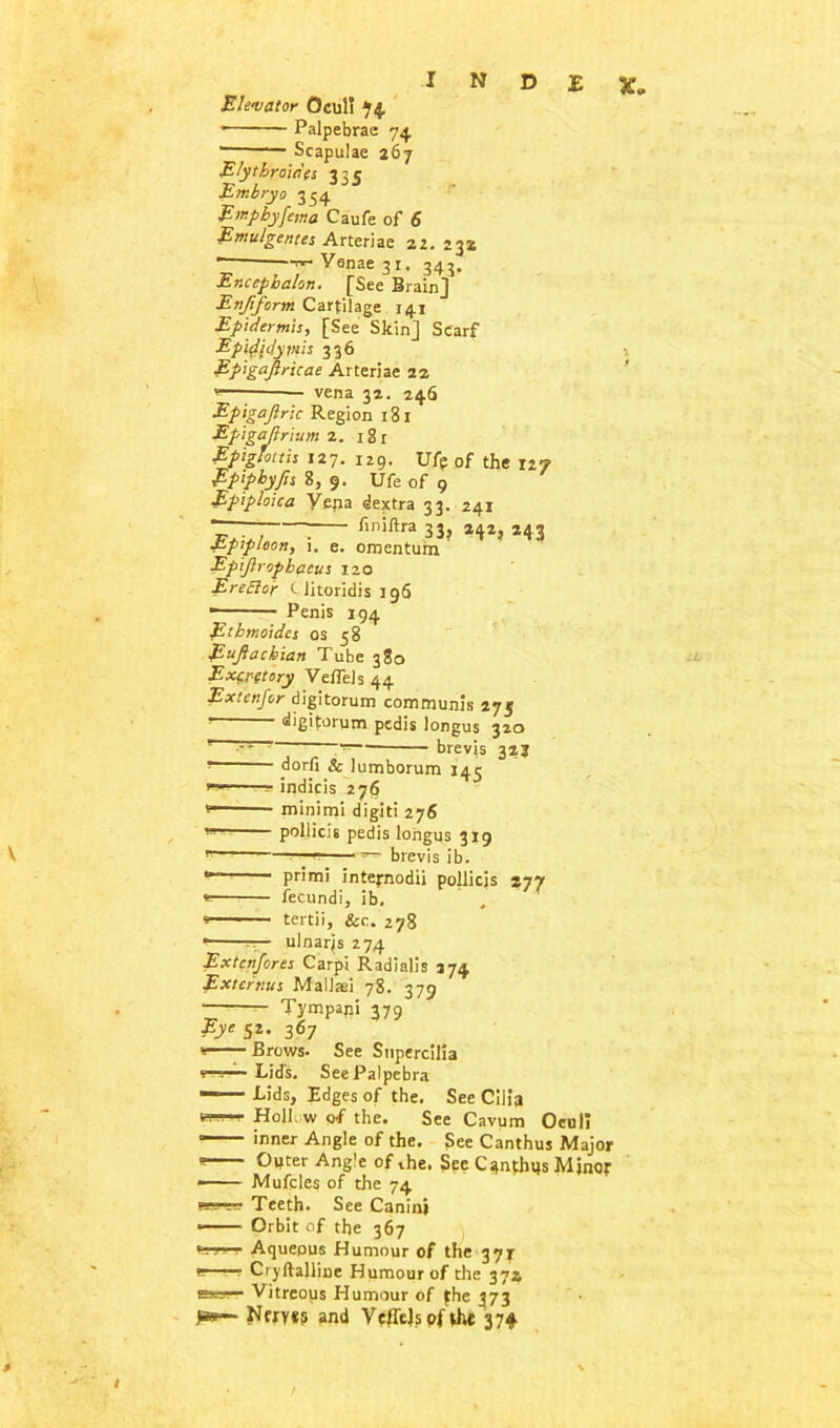 Elevator OculS 74 Palpebrac 74 Scapulae 267 Elythrowes 335 Embryo 334 Empbyfema Caufe of 6 Emulgentes Arteriae 22, 232 tv Venae 31. 343. Encephalon. [See Brain j Enjiform Cartilage 141 Epidermis, [See Skin] Scarf Epididymis 336 Epigajlricae Arteriae 22 * vena 32. 246 Epigajlric Region 181 Epigajlrium 2. 181 Epiglottis 127. 129. ufe of the 127 Eptphyfis 8, 9. Ufe of 9 Epiploica Vena dextra 33. 241 •r--—:— 33? m2? *43 stpiploon, 1. e. omentum Epijlrophacus 120 EreElo'r C litoridis 196 ~ Penis 194 Ethmoidcs os 58 Euftachian Tube 380 Excretory VelTels 44 Extenfor digitorum communis 275 ‘ digiforum pedis longus 320 ' ~   brevis 321 ’ dorfi & lumborum J43 indicis 276 v— minimi digit! 276 tt— pollicis pedis longus 319 brevis ib. primi internodii pollicis fecundi, ib. tertii, &c. 278 ulnarjs 274 277 Extenfcres Carpi Radialis 274 Extcrnus Mallaei 78. 379 Tympani 379 Ey' s2- 367 » Brows- See Supercilia Lids. SeePalpebra Lids, Edges of the. See Cilia Hollow o-f the. See Cavum Ocull — inner Angle of the. See Canthus Major * °«ter Ang'e of the. See C^nphqs Minor * Mufcles of the 74 w- r- Teeth- See Canini —— Orbit of the 367 Aqueous Humour of the 377 e—tt Cryftalline Humour of die 372 EWT— Vitreous Humour of the 373 >**— N«y*s and Veffejspfthe 374 1