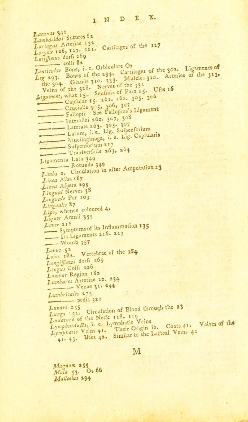 lacuna* ^4* / _ Lambda! Suture. 6* iu/'i/ifuc Artenae 3 Cartilages of the 1*7 Larynx i*&> 1*7- 10' LaMmus dorfr 2<>9 — colli 8x . ^ lenticular Bone, i. <B\ ^Cartilages of the 30*^ L ^293. Bones ot 1 9* Mufcle, 310. Arteries < the 304- pUnd, 3«• «3 of the ^ Veins of the 3*«* fibUof Pain 15- Ufcs 16 t^^Capfular'lS- **«• *6*' 3°5* 3^ t Z ligament InterofTei 26*- 3°7> 3° * Laterale *6S* y^'sufpcnforium hacum, i-e- L'&- P Caplulari» . Mucilaginoga, 1. e. ug t , Sufpenforiutn *17 Tranfverfulis *63> *“4 Jyigamenta Lata 349 Lined Alba 187 Xinen Afpera *95 Lingual Nerves 38 £«*««* Par 109 whence coloured 4* Liquor Amnii 355 fflVvmptornsofits Inflammation 135 jfS Ligaments 216. 217 Womb 357 Longiffunui dorfi 269 Longus Colli 126 X,»w/inr Regioh ,82, Lumbarei Artenae 2*. *34 Venae 31. *44 Lumbricales *75 __ pedis 3** Lunart *55 C.rculat.l0n of Blood through the *3 of the Nec5c I'atic Veins LymphacduZIs, 1. e. Cymp Q/ • ib. Coats 41 Ly^ic Veins 4. • ST^„ t0 fhe Laaeal Veins M Magnum *55 Mala 53- °s 66 M-alleolui *94 igaments of at the 3*3. . Valves of th* 4*