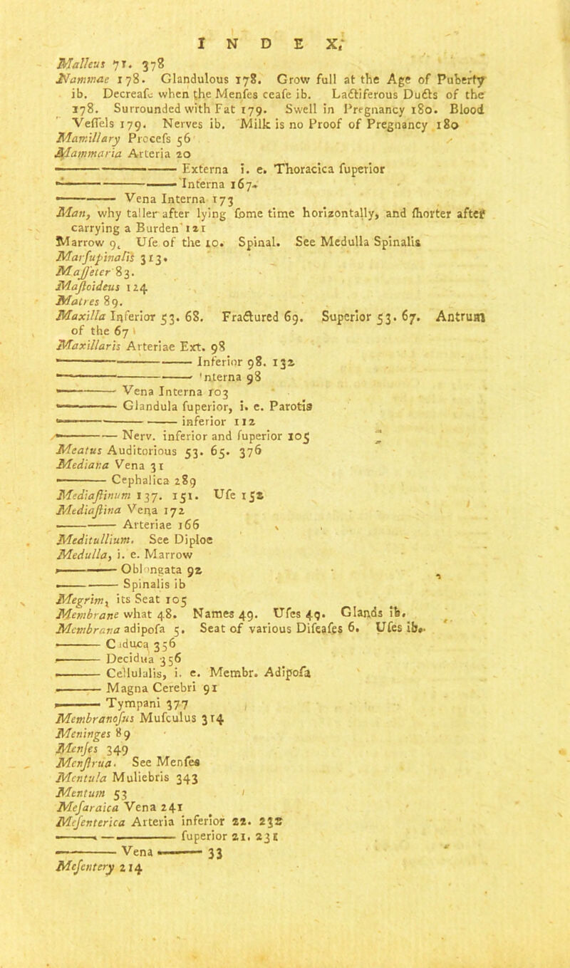 Malleus 71. 378 Mammae 178. Glandulous 178. Grow full at the Age of Puberty ib. Decreafe when the Menies ceafe ib. Ladtiferous Dudts of the 178. Surrounded with Fat 179. Swell in Pregnancy 180. Blood VefTels 179. Nerves ib. Milk is no Proof of Pregnancy 180 Mamillary Procefs 56 s Mammana Arteria 20 Externa i. e. Thoracica fuperior Interna 167. * Vena Interna 173 Man, why taller-after lying Come time horizontally, and (hotter after* carrying a Burden 121 Marrow' 9^ Ufe of the 10. Spinal. See Medulla Spinalis Mavfupinalis 313. MaJ)'etcr'%3. Majloideus 124 Matres 89. Maxilla Inferior 53. 68. Fradtured 69. Superior 53. 67. Antrusn of the 67 i Maxillarh Arteriae Ext. 98 * — Inferior 98. 132. — 'nterna 98 *—• Vena Interna 103 ■ Glandula fuperior, i. e. Parotis 11 inferior iiz 1 — Nerv. inferior and fuperior 103 Meatus Auditorious 53. 65. 376 Mediana Vena 31 —- ■ Cephalica 289 Mediafiinum 137. 151. Ufe 15s Mtdiafiina Vena 172 ■ Arteriae 166 , Meditullium. See Diploe Medulla, i. e. Marrow 1 Oblongata 92 Spinalis ib Megrim, its Seat 105 Membrane what 48. Names 49. Ufes 49. Glands ib. Mcmbrana adipofa 5. Seat of various Difeafes 6. Ufes ib». Crduc;* 356 . Decidua 356 Cellulalis, i. e. Membr. Adipofa . Magna Cerebri 91 Tympani 377 Membranojus Mufculus 314 Meninges 89 Mcnjes 349 Mcnjlrua. See Menfes Mcntula Muliebris 343 Mentum 53 1 Mefaraica Vena 241 Mcjenterica Arteria inferior 22. 23s . fuperior 21. 23 E -— Vena •■■■■ ■ - 33 Mcfentery 214