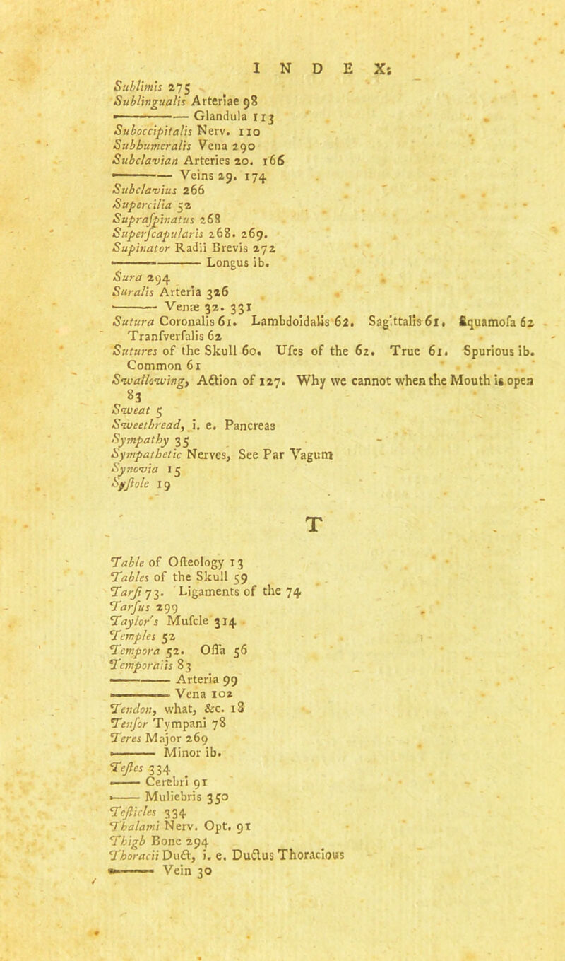 Sublimis 275 Sublingualis Arteriae 98 — — Glandula 1x3 Suboccipitalis Nerv. 1x0 Subhumeralis Vena 290 Subclavian Arteries 20. 166 ■ — Veins 29. 174 Subclavius 266 Supercilia 52 Suprajpinatus 268 Snperfcapularis 268. 269. Supinator Radii Brevis 272 — ■ — Longus ib. Sura 294 Suralis Arteria 326 Venre 32. 331 Sutura Coronalis 61. Lambdoidalis 62. Sag’.ttalis 61. ftquamofa 62 Tranfverfalis 62 Sutures of the Skull 60. Ufes of the 62. True 61. Spurious ib. Common 61 Swallowing, Adtion of 127. Why we cannot when the Mouth it open 83 Sweat 5 Sweetbread, i. e. Pancreas Sympathy 3 5 Sympathetic Nerves, See Par Vaguin Synovia 15 SyJhjle 19 T Table of Ofteology 13 Tables of the Skull 59 Tarfi 73. Ligaments of the 74 Tarfus 299 Taylor's Mufcle 314 Temples 52 Tempora 52. Ofl'a 56 Temporal is 83 —— Arteria 99 ■ ■— Vena 102 Tendon, what, &c. 18 Tenfor Tympani 78 Teres Major 269 • Minor ib. Tejlcs 334 — -- Cerebri 91 > Muliebris 350 Tcjlicles 334 Thalami Nerv. Opt. 91 Thigh Bone 294 Thoracii Du&, i. e. Dudlus Thoracious * Vein 30
