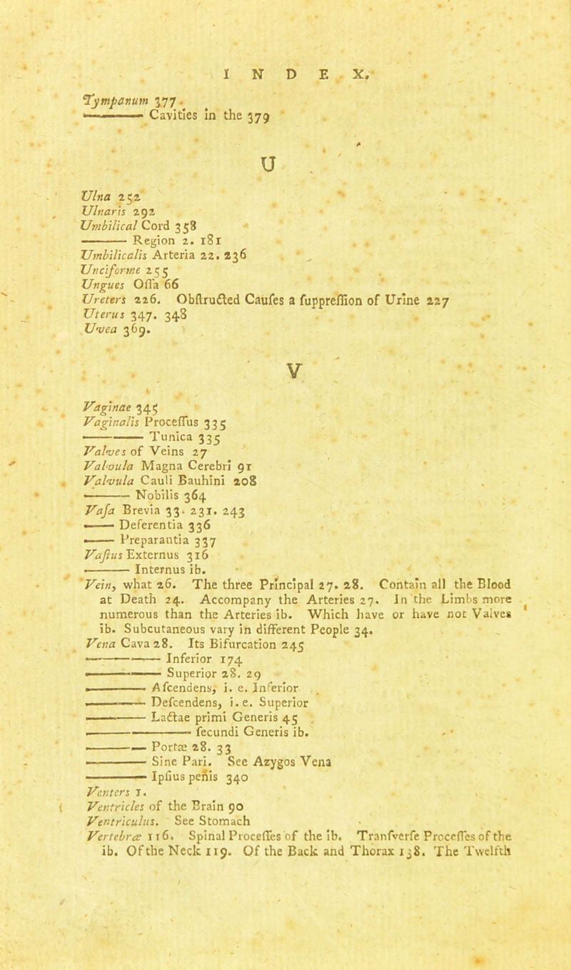 Tympanum 377. ■ Cavities in the 379 u Ulna 252 Ulnar is 292 Umbilical Cord 3 58 Region 2. 181 Umbilicalis Arteria 22. 236 Unc forme 235 Ungues Ofl'a 66 Ureters 226. Obflrufted Caufes a fupprcfiion of Urine 227 Uterus 347. 348 U-vea 369. V v . . Vaginae 343 Vaginalis Proceffus 335 —— Tunica 335 lvalues of Veins 27 Valoula Magna Cerebri 91 Valaiula Cauli Bauhini 208 • Nobilis 364 Vaja Brevia 33. 231. 243 — — Deferentia 336 —— Preparantia 337 Vaftus Externus 316 • Internus ib. Vein, what 26. The three Principal 27. 28. Contain all the Blood at Death 24. Accompany the Arteries 27. In the Limbs more numerous than the Arteries ib. Which have or have not Vaives ib. Subcutaneous vary in different People 34. Vena Cava 28. Its Bifurcation 245 • ——— Inferior 174 ————— Superior 28. 29 • Afcendens, i. e. Inferior . Defcendens, i.e. Superior — Laftae primi Generis 45 fecundi Generis ib. . — Portae 28. 33 ■ Sine Pari. See Azygos Vena ■— Iplius penis 340 Venters I. Ventricles of the Brain 90 Ventrtculus. See Stomach Vertebra 116. Spinal Precedes of the ib. Tranfverfe Precedes of the ib. Of the Neck 119. Of the Back and Thorax 138. The Twelfth