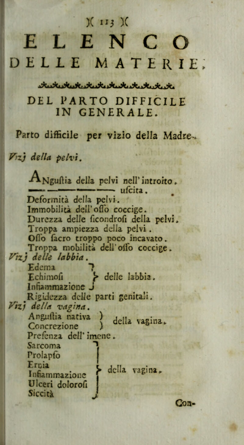 X 11} x DELLE MATERIE, DEL PARTO DIFFICILE IN GENERALE. Parto difficile per vizio della Madre^ Fizj della pelvi. -A.NgUftia della pelvi nell’introito * — —— ufcita. Deformità della pelvi. Immobilità deil’oflo coccige. Durezza delle ficondrofi della pelvi. Troppa ampiezza della pelvi. Ofio facro troppo poco incavato. Troppa mobilità dell’olio coccige. Viz) delle labbia. Edema 7 Echimofi delle labbia. Infiammazione J Rigidezza delle parti genitali. V'tz) della vagina. Anguflia nativa ) • Concrezione ) delli va8lna* Prefenza dell’imene. Sarcoma Prolapfb Ernia Infiammazione Ulceri dolorofi Siccità ► della vagina,. Con-