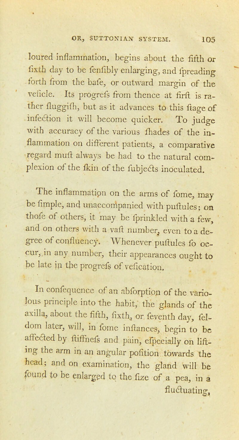 loured inflammation, begins about the fifth or lixth day to be fenfibly enlarging, and fpreading forth from the bafe, or outward margin of the velicle. Its progrefs from thence at firfl: is ra- ther fluggifli, but as it advances to this ftage of infedion it will become quicker. To judge with accuracy of the various fhades of the in- flammation on difl'erent patients, a comparative regard mufi; always be had to the natural com- plexion of the fldn of the fubjedts inoculated. The inflammatipn on the arms of fome, may be Ample, and unaccorhpanied with puftules; on thofe of others, it may be fprinkled with a few, and on others with a vafl number, even to a de- gree of confluency. Whenever puftules fo oc- cur,, in any number, their appearances ought to be late in the progrefs of vefication. In confequcncc of an abforptioji of the vario- lous principle into the habit,' the glands of the axilla, about the fifth, fixth, or feventh day, fel- dom later, will, in fome inftances, begin to be affedled by ftiffnefs and pain, erpecially on lift- ing the arm in an angular pofition towards the head; and on examination, the gland will be found to be enlarged to the fizc of a pea, in a fludluating^