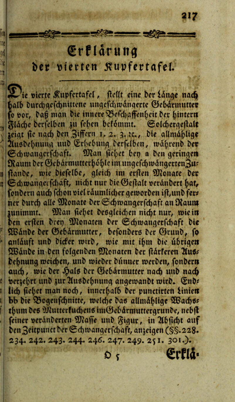 r~--■= €rf lärmt# fit bet vierten tfupferufet. «Die vierte jfupfcrtafet, flefft eine ber iänge tiad» $alb burct)qcfd)nittenc ungefdjwängerte ©ebärmuttet fo t?or, ba£ man Me innere Ö5efd)affen^eit ber ^intern ,t glädje bcrfelben $u feben befömmt. ©oldjergejtalt j jeigt ftc nad) ben 3'fF^n i. 2. 3.1c*, bie allmäblige ' iauöbebnung uub Srbebung berfelben, wä(jrenb bec '©cbwangcvfdjaft. ®lan (lebet bet) a ben geringen Kaum ber 0ebärmutterb6()lc im ungefd)wäugerten3u; üt flattbe, wie bicfel6e, gleid) im erffen SJiOitate bec :: ©djwangcifcbaft, tiid)t nur bie©ejklt veränbert £at, fonbern aud) febon eiet räumlid)er geworben ifi,unb fer* ner burd) aüe Monate ber©d)wangerfcbaft an Kaum | lunimmt. ©tau (tebet beßgleicben nid)t nur, wie in ren erjten Met) ©Monaten ber ©ebwangerfebaft bie ©Gänbe ber ©ebdrmutter, befonberß ber ©runb, fo * anläuft unb bicfer wtrb, wie mtt i^rn bie übrigen QBänbe in bett folgenben ©Monaten ber ftärferen Muä* befcnung wcid)en, unb wieber bunner werben, fonbern aud), wie ber $a(6 ber ©ebärtnutter nach uub nad) t tjerjebrt unb $ur?Utöbebnung angewanbt wirb* SnM i lieb man nod), innerhalb ber punctirten tinien 1 bb bie 33ogeufd)nitte, weld>e baö aümäblige $ßad)6? f tbum be$ ©hitterfucbeuß imöebärmuttergrunbe, nebfl . feiner »eränberten ©taffe unb gigur, in 2tbfid>t auf ben 3*itpunct ber Scbwangerfcbaft, anjeigen (§§.228* 234, 242. 243. 244. 246. 247. 249. 251« 301.)* 0 f Srflä«