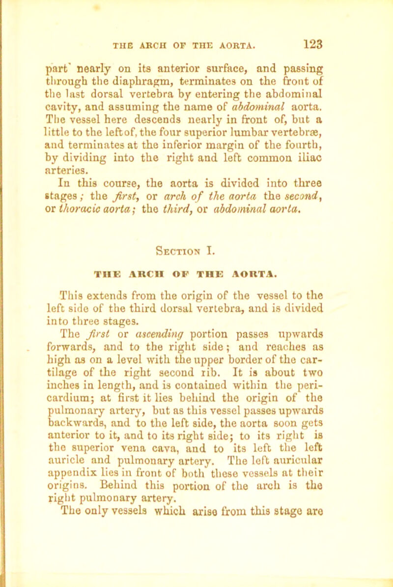 part' nearly on its anterior surface, and passing through the diaphragm, terminates on the front of the last dorsal vertebra by entering the abdominal cavity, and assuming the name of abdominal aorta. The vessel here descends nearly in front of, but a little to the leftof, the four superior lumbar vertebrae, and terminates at the inferior margin of the fourth, by dividing into the right and left common iliac arteries. In this course, the aorta is divided into three stages; the first, or arch of the aorta the second, or thoracic aorta; the third, or abdominal aorta. Section I. TIIE ARCH OP TIIE AORTA. This extends from the origin of the vessel to the left side of the third dorsal vertebra, and is divided into three stages. The first or ascending portion passes upwards forwards, and to the right side; and reaches as high as on a level with the upper border of the car- tilage of the right second rib. It is about two inches in length, and is contained within the peri- cardium; at first it lies behind the origin of the pulmonary artery, but as this vessel passes upwards backwards, and to the left side, the aorta soon gets anterior to it, and to its right side; to its right is the superior vena cava, and to its left the left auricle and pulmonary artery. The left auricular appendix lies in front of both these vessels at their origins. Behind this portion of the arch is the right pulmonary artery. The only vessels which arise from this stage are