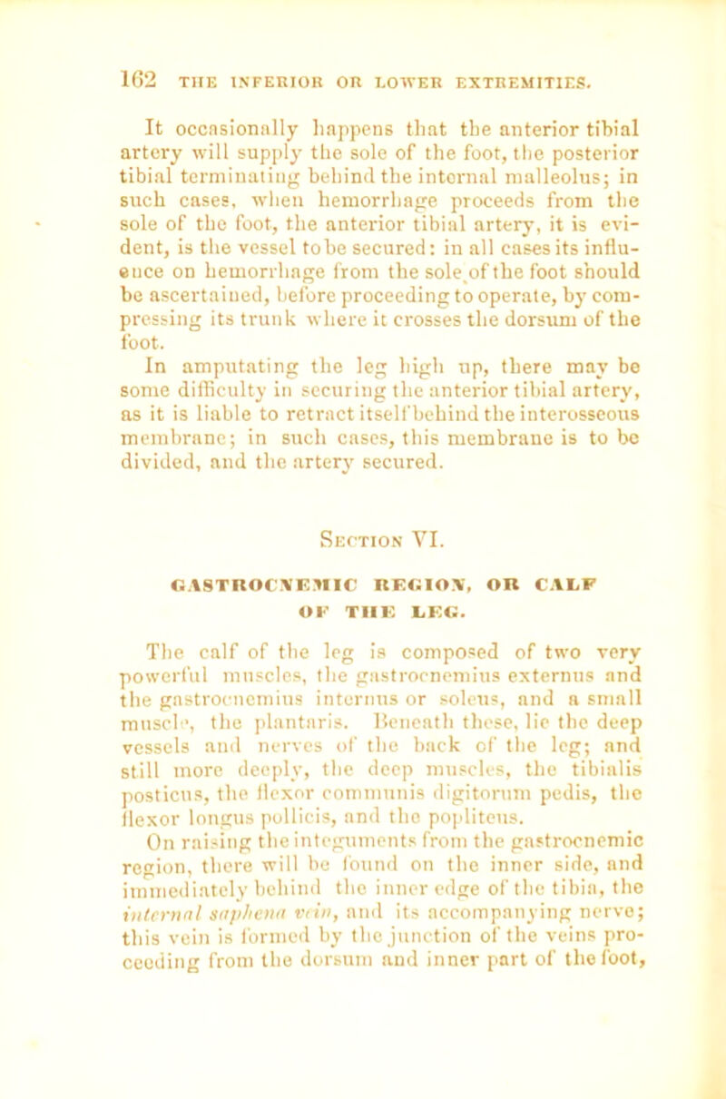 It occasionally happens that the anterior tibial artery will supply the sole of the foot, the posterior tibial terminating behind the internal malleolus; in such cases, when hemorrhage proceeds from the sole of the foot, the anterior tibial artery, it is evi- dent, is the vessel tobe secured: in all cases its influ- ence on hemorrhage from the sole.ofthe foot should be ascertained, before proceeding to operate, by com- pressing its trunk where it crosses the dorsum of the foot. In amputating the leg high up, there may be some difficulty in securing the anterior tibial artery, as it is liable to retract itself behind the interosseous membrane; in such cases, this membrane is to be divided, and the artery secured. Section VI. GASTROCHEMIC ItFGIOX, OK CALF OF TIIK LEG. The calf of the leg is composed of two very powerful muscles, the gastrocnemius externus and the gastrocnemius interims or soleus, and a small muscle, the plantnris. Beneath these, lie the deep vessels and nerves of the back of the leg; and still more deeply, the deep muscles, the tibialis posticus, the flexor communis digitorum pedis, the flexor longus pollicis, and the popliteus. On raising the integuments from the gastrocnemic region, there will be found on the inner side, and immediately behind the inner edge of the tibia, the internal saphena vein, and its accompanying nerve; this vein is formed by the junction of the veins pro- ceeding from the dorsum and inner part of the foot,