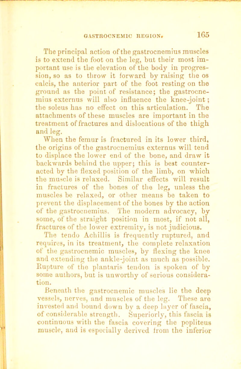 1G5 The principal action of the gastrocnemius muscles is to extend the foot on the leg, but their most im- portant use is the elevation of the body in progres- sion, so as to throw it forward by raising the os calcis, the anterior part of the foot resting on the ground as the point of resistance; the gastrocne- mius externus will also influence the knee-joint; the soleus has no effect on this articulation. The attachments of these muscles are important in the treatment of fractures and dislocations of the thigh and leg. When the femur is fractured in its lower third, the origins of the gastrocnemius externus will tend to displace the lower end of the bone, and draw it backwards behind the upper; this is best counter- acted by the flexed position of the limb, on which the muscle is relaxed. Similar effects will result in fractures of the bones of the leg, unless the muscles be relaxed, or other means bo taken to prevent the displacement of the bones by the action of the gastrocnemius. The modern advocacy, by some, of the straight position in most, if not all, fractures of the lower extremity, is not judicious. The tendo Achillis is frequently ruptured, and requires, in its treatment, the complete relaxation of the gastrocnemic muscles, by flexing the knee and extending the ankle-joint as much as possible. Eupture of the plantaris tendon is spoken of by some authors, but is unworthy of serious considera- tion. Beneath the gastrocnemic muscles lie the deep vessels, nerves, and muscles of the leg. These are invested and bound down by a deep layer of fascia, of considerable strength. Superiorly, this fascia is continuous with the fascia covering the popliteus muscle, and is especially derived from the inferior
