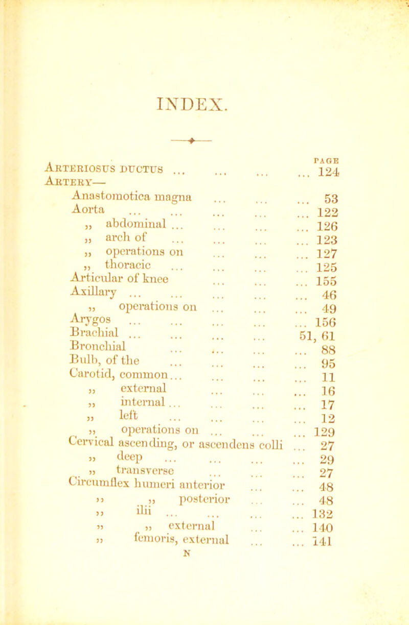 INDEX. Arteriosus ductus TAGE ... 124 Artery— Anastomotica magna ... 53 Aorta ... 122 ,, abdominal ... ... 126 ,, arch of ... 123 „ operations on ... 127 „ thoracic ... 125 Articular of knee ... 155 Axillary ... ... 46 „ operations on ... 49 Arygos ... 156 Brachial ... 51, 61 Bronchial ... .. ... 88 Bulb, of the 95 Carotid, common... ... 11 „ external ... 16 ,, internal... ... 17 „ left ... 12 „ operations on ... ... 129 Cervical ascending, or ascendens colli ... 27 „ deep ... 29 » transverse ... 27 Circumflex humeri anterior ... 48 >> i> posterior ... 48 » ilii ... ... 132 » ,, external ... 140 „ femoris, external N ... 141