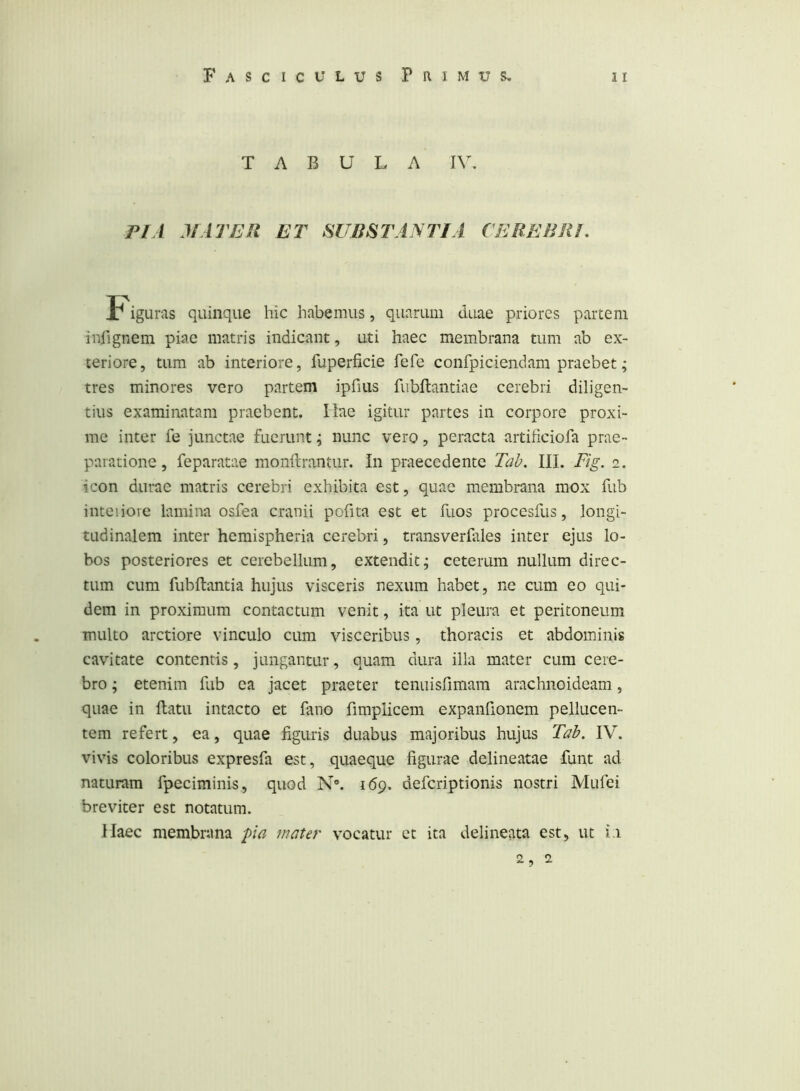 TABULA IV, PIA MATER ET SUBSTANTIA CEREBIU, Figuras quinque hic habemus, quarum duae priores partem infignem piae matris indicant, uti haec membrana tum ab ex- teriore, tum ab interiore, fuperficie fefe confpiciendam praebet; tres minores vero partem ipfiiis fubltantiae cerebri diligen- tius examinatam praebent. Hae igitur partes in corpore proxi- me inter fe junctae fuerunt; nunc vero, peracta artificiofa prae- paratione, feparatae monflrantur. In praecedente Tab. III. Fig. 2. icon durae matris cerebri exhibita est, quae membrana mox fub inteiiore lamina osfea cranii pofita est et fuos procesfus, longi- tudinalem inter hemispheria cerebri, transverlales inter ejus lo- bos posteriores et cerebellum, extendit; ceterum nullum direc- tum cum fubftantia hujus visceris nexum habet, ne cum eo qui- dem in proximum contactum venit, ita ut pleura et peritoneum multo arctiore vinculo cum visceribus, thoracis et abdominis cavitate contentis, jungantur, quam dura illa mater cum cere- bro ; etenim fub ea jacet praeter tenuisfimam arachnoideam, quae in llatu intacto et fano fimplicem expanfionem pellucen- tem refert, ea, quae figuris duabus majoribus hujus Tab. IV\ vivis coloribus expresfa est, quaeque figurae delineatae funt ad naturam fpeciminis, quod N. 169. deferiptionis nostri Mufei breviter est notatum. Haec membrana pia mater vocatur et ita delineata est, ut i.i 2, 2