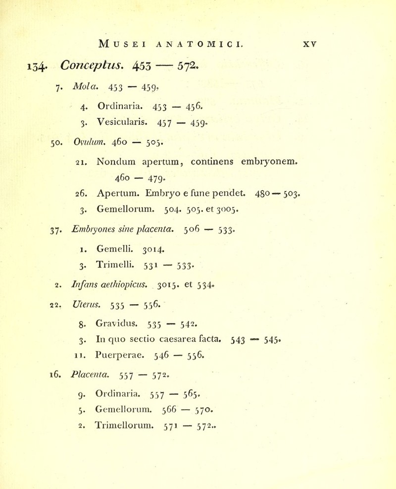 154. Conceptus. 453 — 5?2. 7. Mola. 453 — 459? 4. Ordinaria. 453 — 456. 3. Vesicularis. 45 7 — 459. 50. Ovulum. 460 — 505. 21. Nondum apertum, continens embryonem. 460 — 479- 26. Apertum. Embryo e fune pendet. 480 — 503. 3. Gemellorum. 504. 505. et 3005. 37. Embryones sine placenta. 506 — 533, 1. Gemelli. 3014. 3. Trimelli. 531 — 533. 2. Infans aethiopicus. 3015. et 534. 22. Uterus. 535 — 556. 8. Gravidus. 535 — 542. 3. In quo sectio caesarea facta. 543 -=■* 545. 11. Puerperae. 546 — 556. 16. Placenta. 537 — 372. 9. Ordinaria. 337 — 363. 3. Gemellorum. 566 — 370. 2. Trimellorum. 371 — 372..