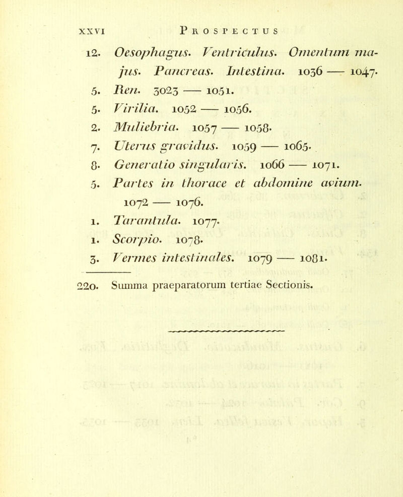 i2. Oesophagus. Ventriculus. Omentum ma- jus. Pancreas• Intestina. 1036 — 1047- 5. 3023 — 1051. 5. Virilia. 1032 — 1056. 2. Muliebria. 1057 io58- 7. Uterus gravidus. 1059 — 1065» 8- Generatio singularis. 1066 1071. 5. Pai tes in thorace et abdomine avium. 1072 1076. 1. Tarantula. 1077. 1. Scorpio. 1078* 3. Vermes intestinales. 1079 — 1081*