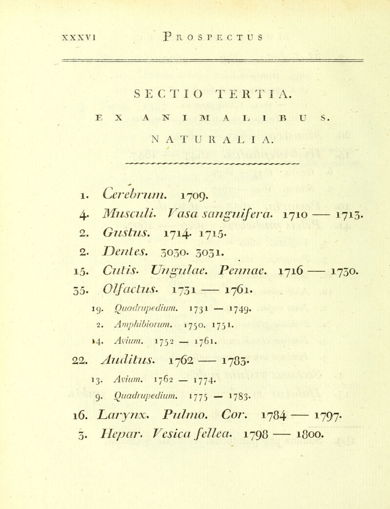 SECTIO TERTIA. EX ANIMALIBUS. NATURALIA. 1. Cerebrum. 1709. 4. Musculi. Vasa sanguifera. 1710 — 1713. 2. Gustus. 1714* 1715- 2. Dentes. 3030. 3031. 15. Cutis. Ungulae. Pennae. 1716 — 1730. 35. Olfactus. 1731 1761. 19. Quadrupedium. 1731 — 1749. 2. Amphibiorum. 1750. 1751. 14. Avium. 1752 — 1761. 22. Auditus. 1762 1783* 13. Avium. 1762 — I774* 9. Quadrupedium. 1773 — 1783- 16. Larynx. Pulmo. Cor. 1784 -— 1797. 3. Hepar. Vesica fellea. 1798 -— 1800.