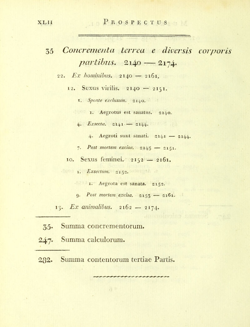 35 Concrementa terrea e diversis corporis partibus. 2140 2174. 22. Ex hominibus. 2140 —? 2161. 12. Sexus virilis. 2140 — 2151, t. Sponte exclusum. 214 0, 1. Aegrotus est sanatus. 2140, 4. Exsecta. 2141 2144. 4. Aegroti sunt sanati. 2141 — 2144. 7. Post mortem excisa. 2145 — 2151. 10. Sexus feminei.- 2152 — 2161. 1. Exsectum. 2152. 1. Aegrota est sanata. 2152, 9. Post mortem excisa. 2153 -— 2161. 13. Ex animalibus. 2162 — 2174. 35. Summa concrementorum. 247« Summa calculorum. 282. Summa contentorum tertiae Partis.