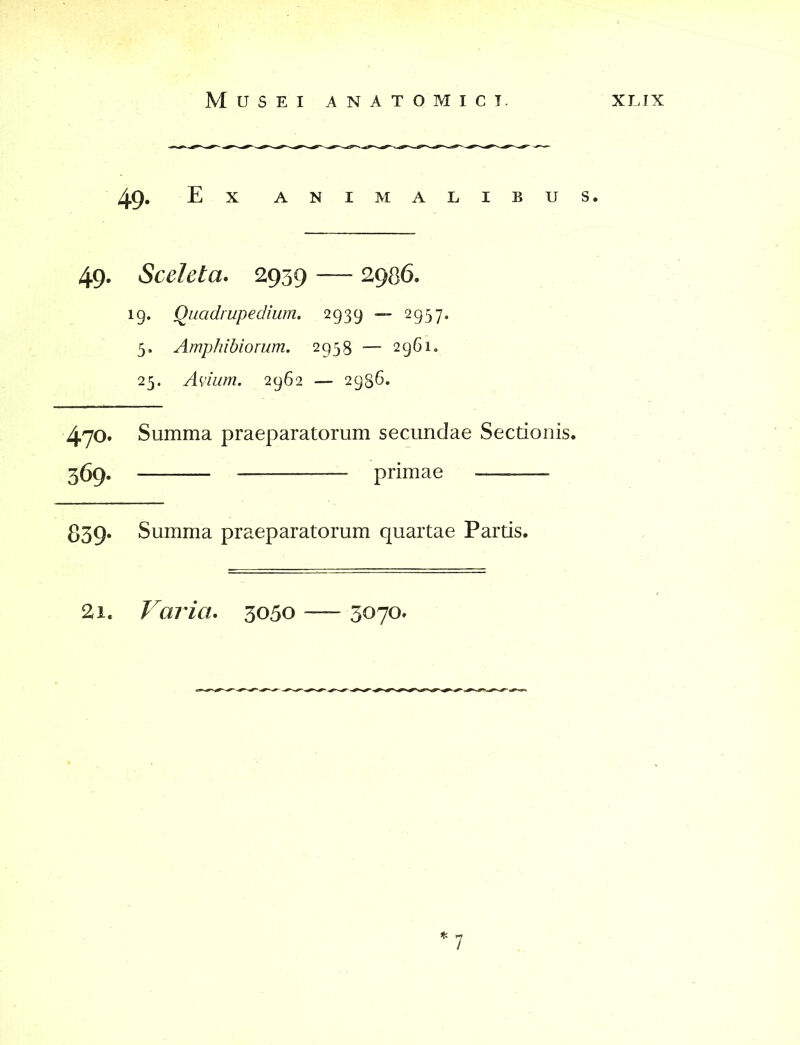 49. Ex ANIMALIBUS. 49. Sceleta. 2939 — 2986. 19. Quadrupedium. 2939 — 2957. 3. Amphibiorum. 2938 — 2961. 23. Avium. 2962 — 2936. 470. Summa praeparatorum secundae Sectionis. 369. primae 839. Summa praeparatorum quartae Partis. 2i. Varia. 3050 — 3070.