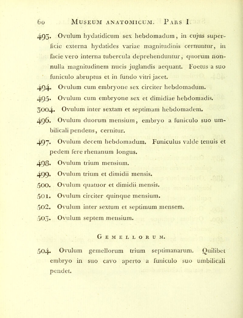 4,95. Ovulum hydatidicum sex hebdomadum, in cujus super- ficie externa hydatides variae magnitudinis cernuntur, in facie vero interna tubercula deprehenduntur, quorum non- nulla magnitudinem nucis juglandis aequant. Foetus a suo funiculo abruptus et in fundo vitri jacet. 494» Ovulum cum embryone sex circiter hebdomadum. 495* Ovulum cum embryone sex et dimidiae hebdomadis. 3004« Ovulum inter sextam et septimam hebdomadem. 496. Ovulum duorum mensium, embryo a funiculo suo um- bilicali pendens, cernitur. 497. Ovulum decem hebdomadum. Funiculus valde tenuis et pedem fere rhenanum longus. 498» Ovulum trium mensium. 499* Ovulum trium et dimidii mensis. 500. Ovulum quatuor et dimidii mensis. 501. Ovulum circiter quinque mensium. 502. Ovulum inter sextum et septimum mensem. 503« Ovulum septem mensium. Gemellorum. 5o4* Ovulum gemellorum trium septimanarum. Quilibet embryo in suo cavo aperto a funiculo suo umbilicali pendet.