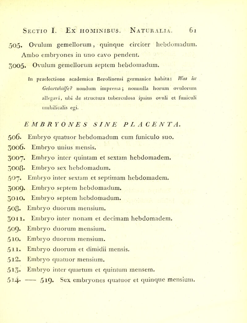 505. Ovulum gemellorum, quinque circiter hebdomadum. Ambo embryones in uno cavo pendent. 3005. Ovulum gemellorum septem hebdomadum. In praelectione academica Berolinensi germanice habita: Was ist Geburtshulfe? nondum impressa; nonnulla horum ovillorum allegavi, ubi de structura tuberculosa ipsius ovuli et funiculi umbilicalis egi. EMBRYONES SINE PLACENTA. 506* Embryo quatuor hebdomadum cum funiculo suo. 5006. Embryo unius mensis. 3007. Embryo inter quintam et sextam hebdomadem. 5008« Embryo sex hebdomadum. 507. Embryo inter sextam et septimam hebdomadem. 3009. Embryo septem hebdomadum. 3010. Embryo septem hebdomadum. 508. Embryo duorum mensium. 30.11« Embryo inter nonam et decimam hebdomadem. 509* Embryo duorum mensium. 510. Embryo duorum mensium. 511« Embryo duorum et dimidii mensis. 5l2. Embryo quatuor mensium. 5l3» Embryo inter quartum et quintum mensem. 5l4* 5l9* embryones quatuor et quinque mensium.