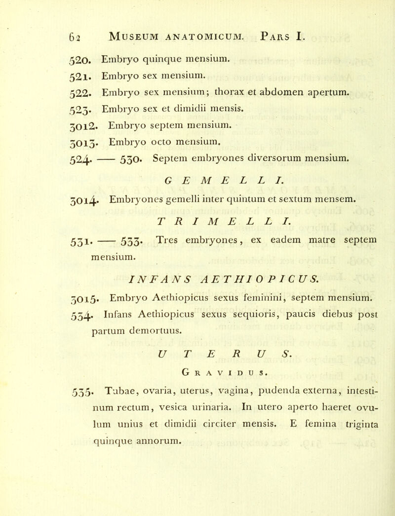 520. Embryo quinque mensium. 521. Embryo sex mensium. 522. Embryo sex mensium; thorax et abdomen apertum. 523- Embryo sex et dimidii mensis. 3012. Embryo septem mensium. 3013* Embryo octo mensium. 524* 530. Septem embryones diversorum mensium. GEMELLI. 30x4* Embryones gemelli inter quintum et sextum mensem. T R I M E L L I. 531. 533* Tres embryones, ex eadem matre septem mensium. INFANS AETHIOPICUS. 3015. Embryo Aethiopicus sexus feminini, septem mensium. 534. Infans Aethiopicus sexus sequioris, paucis diebus post partum demortuus. UTERUS. Gravidus. 535. Tubae, ovaria, uterus, vagina, pudenda externa, intesti- num rectum, vesica urinaria. In utero aperto haeret ovu- lum unius et dimidii circiter mensis. E femina triginta quinque annorum.