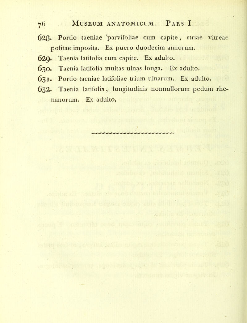 628* Portio taeniae parvifoliae cum capite, striae vitreae politae imposita. Ex puero duodecim annorum. 629. Taenia latifolia cum capite. Ex adulto. 630. Taenia latifolia multas ulnas longa. Ex adulto. 631. Portio taeniae latifoliae trium ulnarum. Ex adulto. 632. Taenia latifolia, longitudinis nonnullorum pedum rhe- nanorum. Ex adulto.