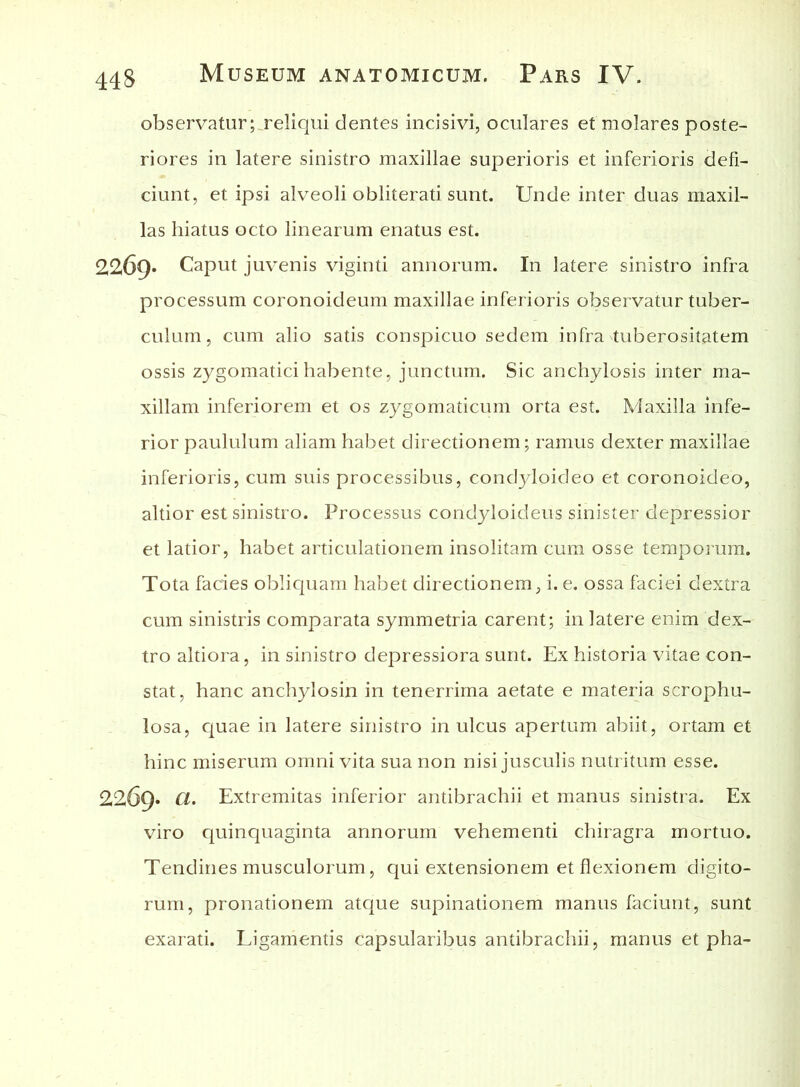 observatury reliqui dentes incisivi, oculares et molares poste- riores in latere sinistro maxillae superioris et inferioris defi- ciunt, et ipsi alveoli obliterati sunt. Unde inter duas maxil- las hiatus octo linearum enatus est. 2269* Caput juvenis viginti annorum. In latere sinistro infra processum coronoideum maxillae inferioris observatur tuber- culum, cum alio satis conspicuo sedem infra tuberositatem ossis zygomatici habente, junctum. Sic anchylosis inter ma- xillam inferiorem et os zygomaticum orta est. Maxilla infe- rior paululum aliam habet directionem; ramus dexter maxillae inferioris, cum suis processibus, condyloideo et coronoideo, altior est sinistro. Processus condyloideus sinister depressior et latior, habet articulationem insolitam cum osse temporum. Tota facies obliquam habet directionem, i. e. ossa faciei dextra cum sinistris comparata symmetria carent; in latere enim dex- tro altiora, in sinistro depressiora sunt. Ex historia vitae con- stat, hanc anchylosin in tenerrima aetate e materia scrophu- losa, quae in latere sinistro in ulcus apertum abiit, ortam et hinc miserum omni vita sua non nisi jusculis nutritum esse. 2269* Cl. Extremitas inferior antibrachii et manus sinistra. Ex viro quinquaginta annorum vehementi chiragra mortuo. Tendines musculorum, qui extensionem et flexionem digito- rum, pronationem atque supinationem manus faciunt, sunt exarati. Ligamentis capsularibus antibrachii, manus et pha-