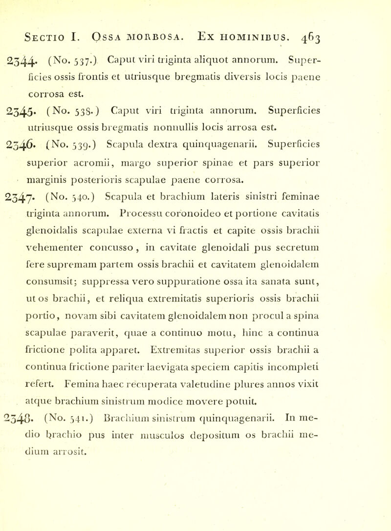 2344* (No. 537.) Caput viri triginta aliquot annorum. Super- ficies ossis frontis et utriusque bregmatis diversis locis paene corrosa est. ^345* (No. 538.) Caput viri triginta annorum. Superficies utriusque ossis bregmatis nonnullis locis arrosa est. 2346* (No. 539.) Scapula dextra quinquagenarii. Superficies superior acromii, margo superior spinae et pars superior marginis posterioris scapulae paene corrosa. 2347* (No. 540.) Scapula et brachium lateris sinistri feminae triginta annorum. Processu coronoideo et portione cavitatis glenoidalis scapulae externa vi fractis et capite ossis brachii vehementer concusso , in cavitate glenoidali pus secretum fere supremam partem ossis brachii et cavitatem glenoidalem consumsit; suppressa vero suppuratione ossa ita sanata sunt, ut os brachii, et reliqua extremitatis superioris ossis brachii portio, novam sibi cavitatem glenoidalem non procul a spina scapulae paraverit, quae a continuo motu, hinc a continua frictione polita apparet. Extremitas superior ossis brachii a continua frictione pariter laevigata speciem capitis incompleti refert. Femina haec recuperata valetudine plures annos vixit atque brachium sinistrum modice movere potuit. 2348* (No. 341.) Brachium sinistrum quinquagenarii. In me- dio brachio pus inter musculos depositum os brachii me- dium arrosit.