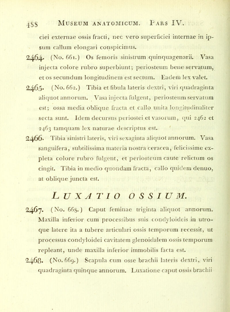 ciei externae ossis fracti, nec vero superficiei internae in ip- sum callum elongari conspicimus. 2464. (No. 661.) Os femoris sinistrum quinquagenarii. Vasa injecta colore rubro superbiunt; periosteum bene servatum, et os secundum longitudinem est sectum. Eadem lex valet. 2465* (No. 662.) Tibia et fibula lateris dextri, viri quadraginta aliquot annorum. Vasa injecta fulgent, periosteum servatum est; ossa media oblique fracta et callo unita longitudinaliter secta sunt. Idem decursus periostei et vasorum, cpii 2462 et 2463 tamquam lex naturae descriptus est. 2466* Tibia sinistri lateris, viri sexaginta aliquot annorum. Vasa sanguifera, subtilissima materia nostra ceracea, felicissime ex- pleta colore rubro fulgent, et periosteum caute relictum os cingit. Tibia in medio quondam fracta, callo quidem denuo, at oblique juncta est. Luxatio ossium. 2467. (No. 668.) Caput feminae triginta aliquot annorum. Maxilla inferior cum processibus suis condyloideis in utro- que latere ita a tubere articulari ossis temporum recessit, ut processus condyloidei cavitatem glenoidalem ossis temporum repleant, unde maxilla inferior immobilis facta est. 2468* (No. 669.) Scapula cum osse brachii lateris dextri, viri quadraginta quinque annorum. Luxatione caput ossis brachii